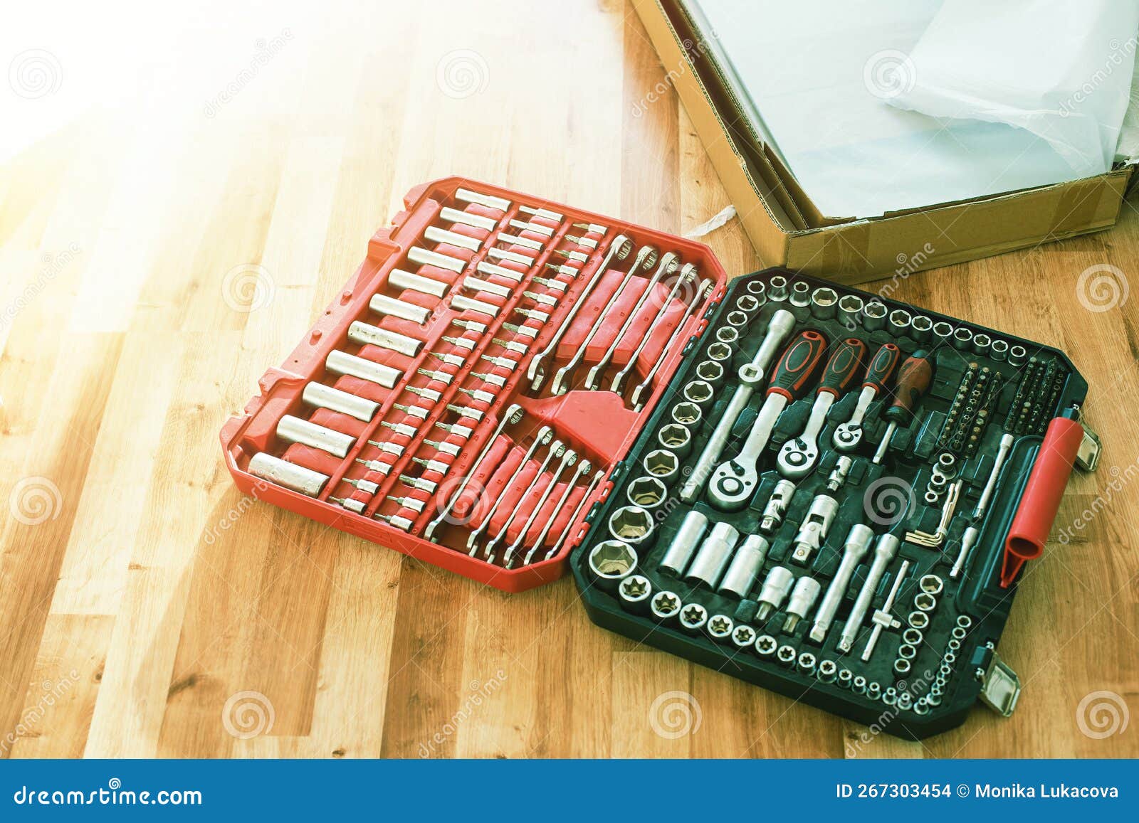 Tool Box,set of Bits and Wrenches on Laminated Floor. Stock Photo