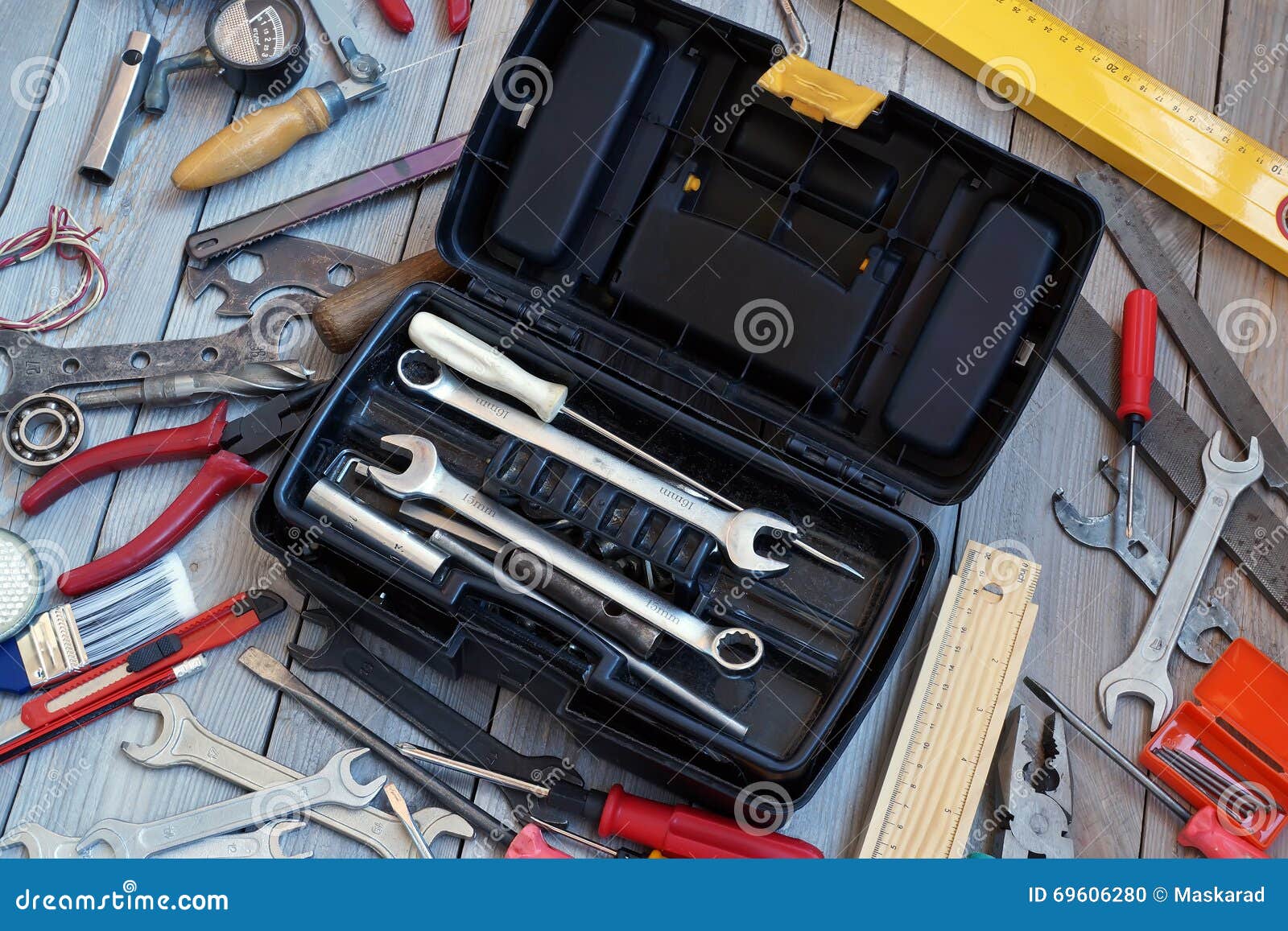 Tool Box on Wooden Floor, View from Above. Stock Photo Image of