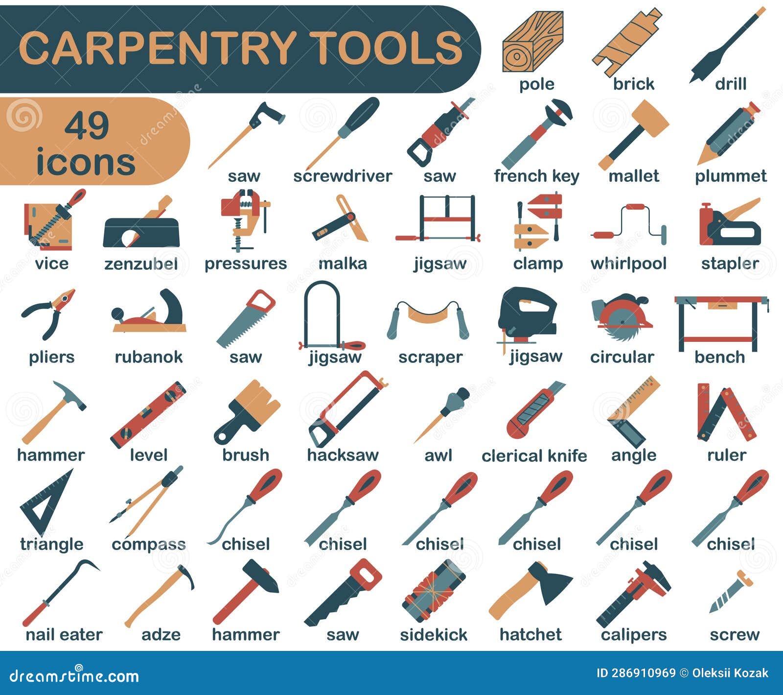 Tool for a Carpentry Workshop with the Name. Colored Bright Icons