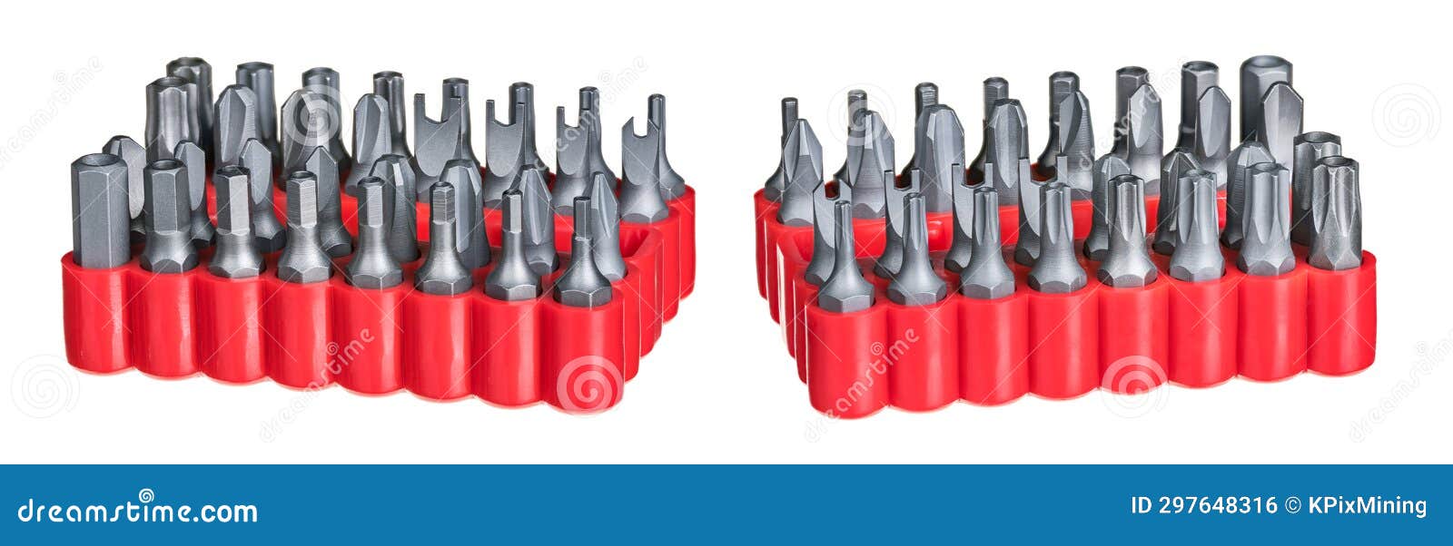 two toolkits of various types screwing bits in red plastic boxes  on a white background