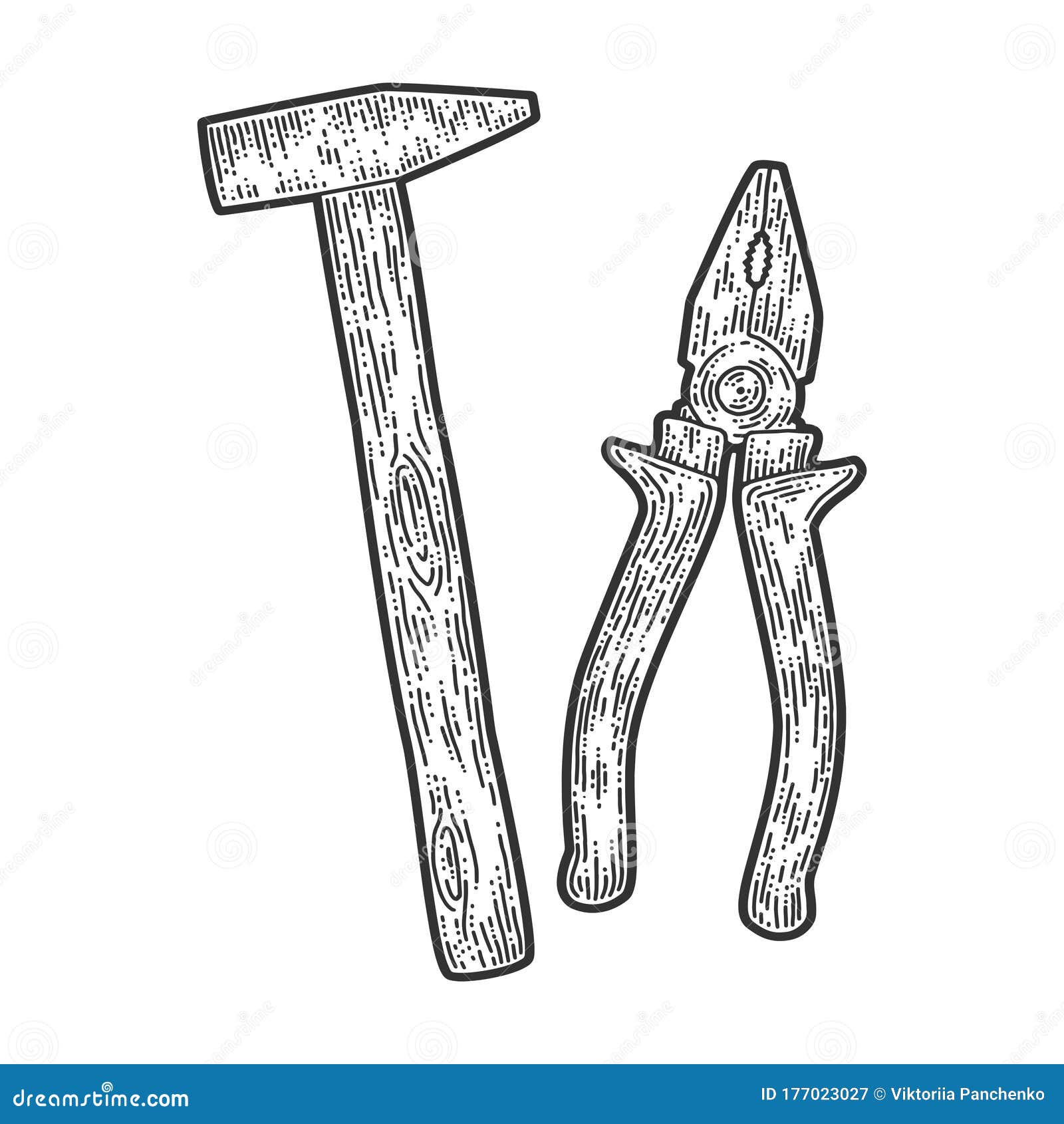 tool set, hammer and pliers. apparel print . scratch board imitation. black and white hand drawn image.