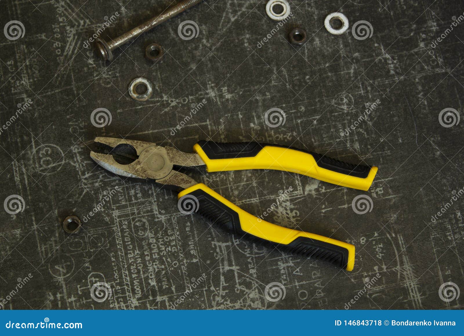 Tool Set of Pliers, Wrenches, Bolts and Nuts on Abstract Grey Surface Stock Photo Image of
