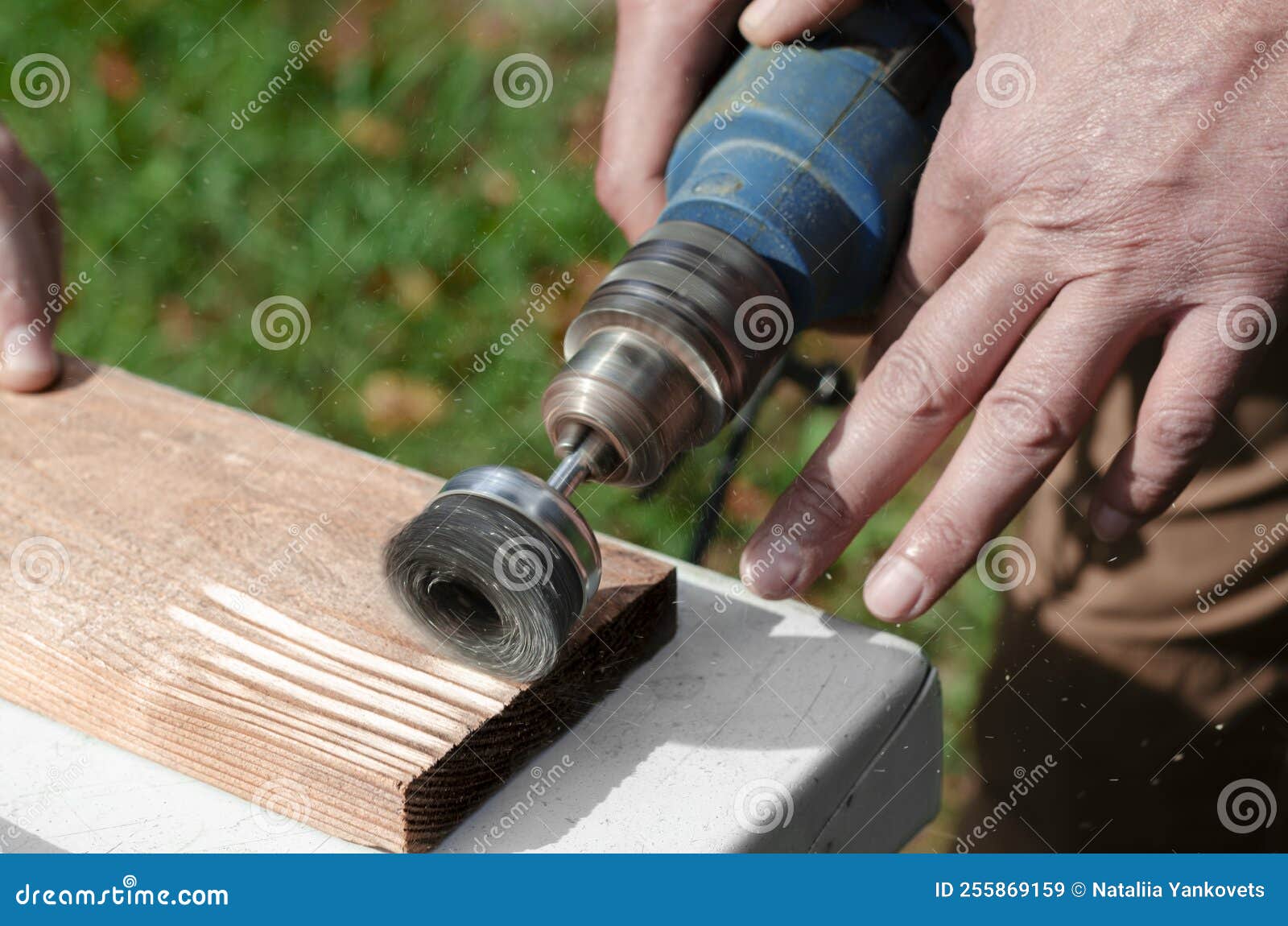 Tool for Treatment Wood. Drill with a Wire Brush Stock Image Image of