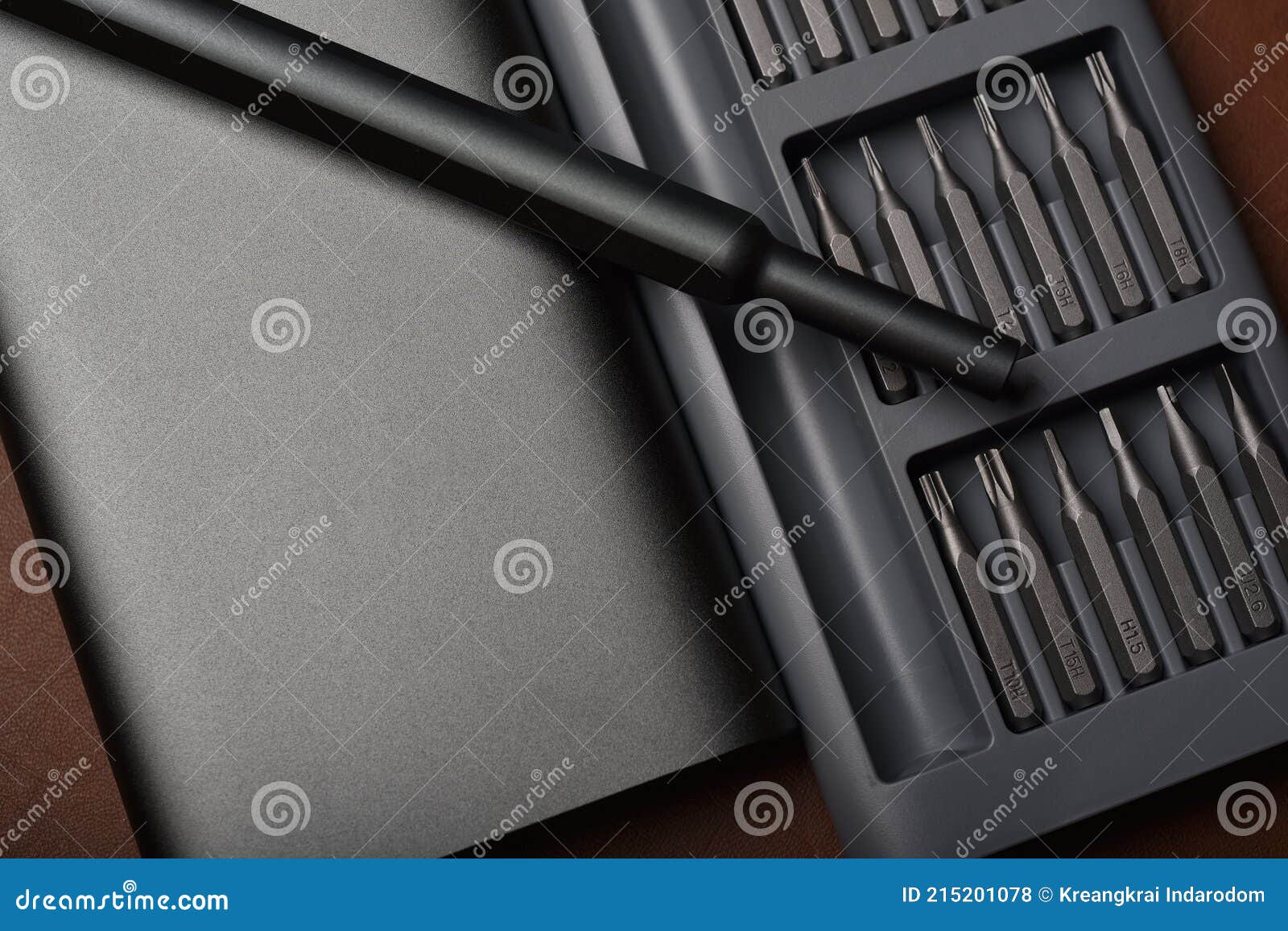 toolbox with metal screwdriver and replaceable bits set collection, head different size hex driver