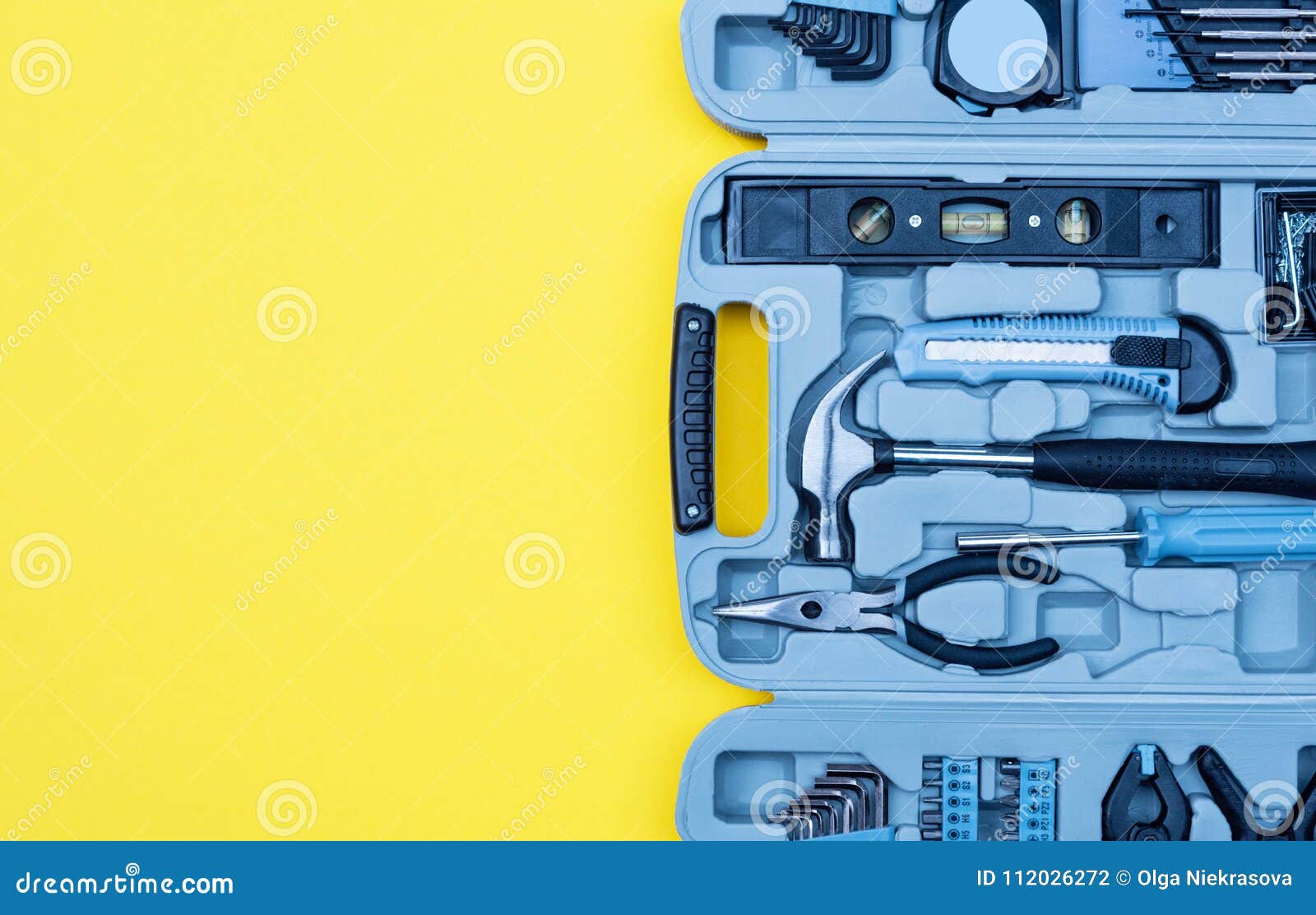 Toolbox Set Of Tools Home Improvement Concept On Yellow Background Stock Photo Image Of Improving Development 112026272