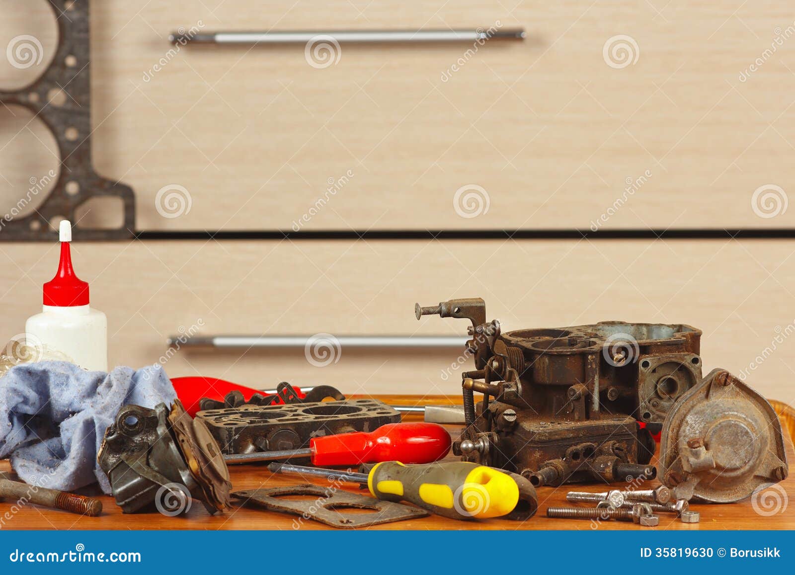 Tools And Engine Parts In The Workplace Automotive Mechanic Stock Photo