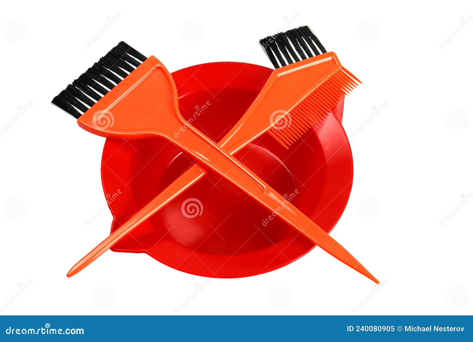 Tools for Hair Coloring Plastic Bowl and Brushes Isolated on White