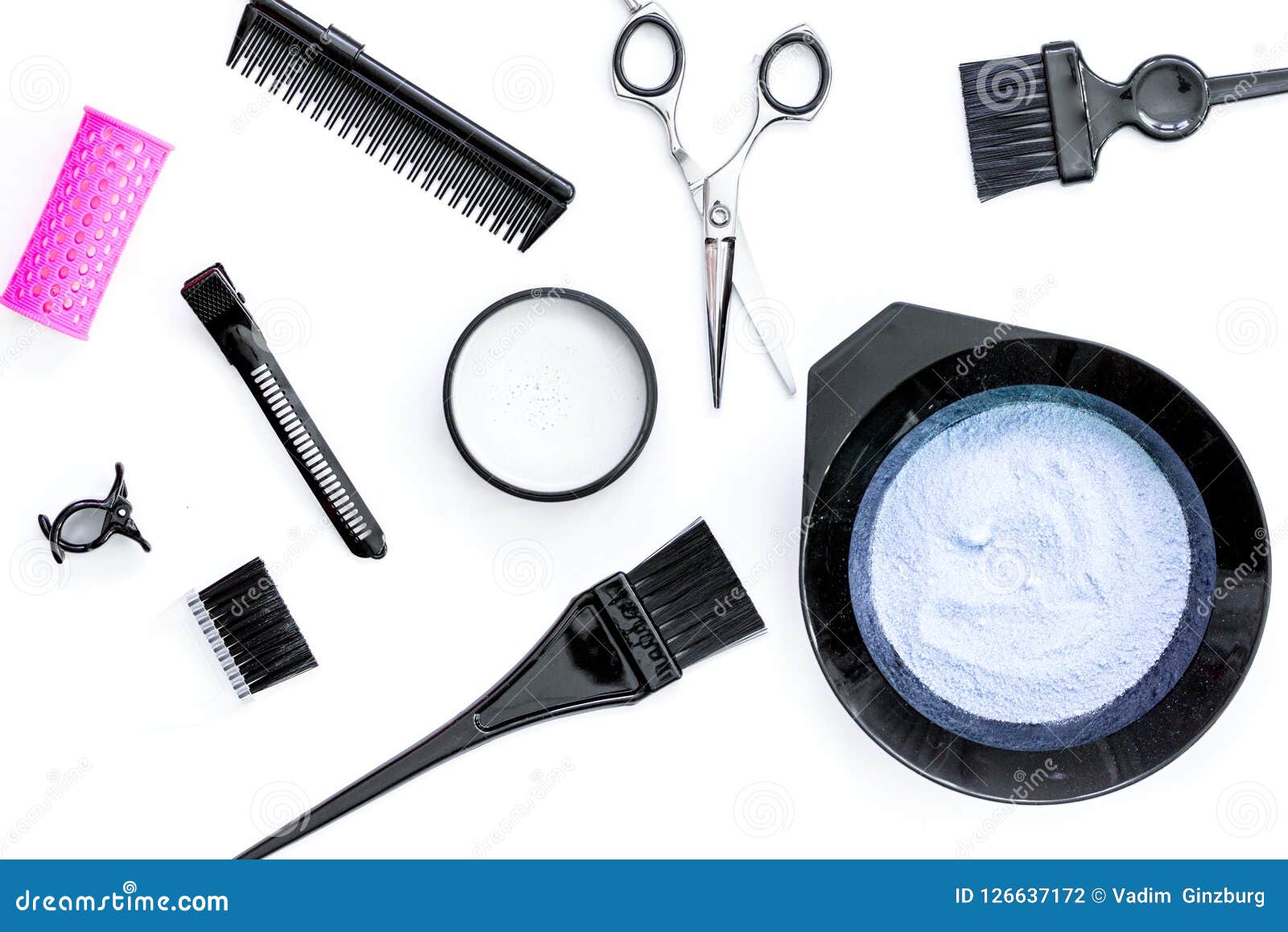 Tools for Hair Dye and Hairdye Top View White Background Stock Photo