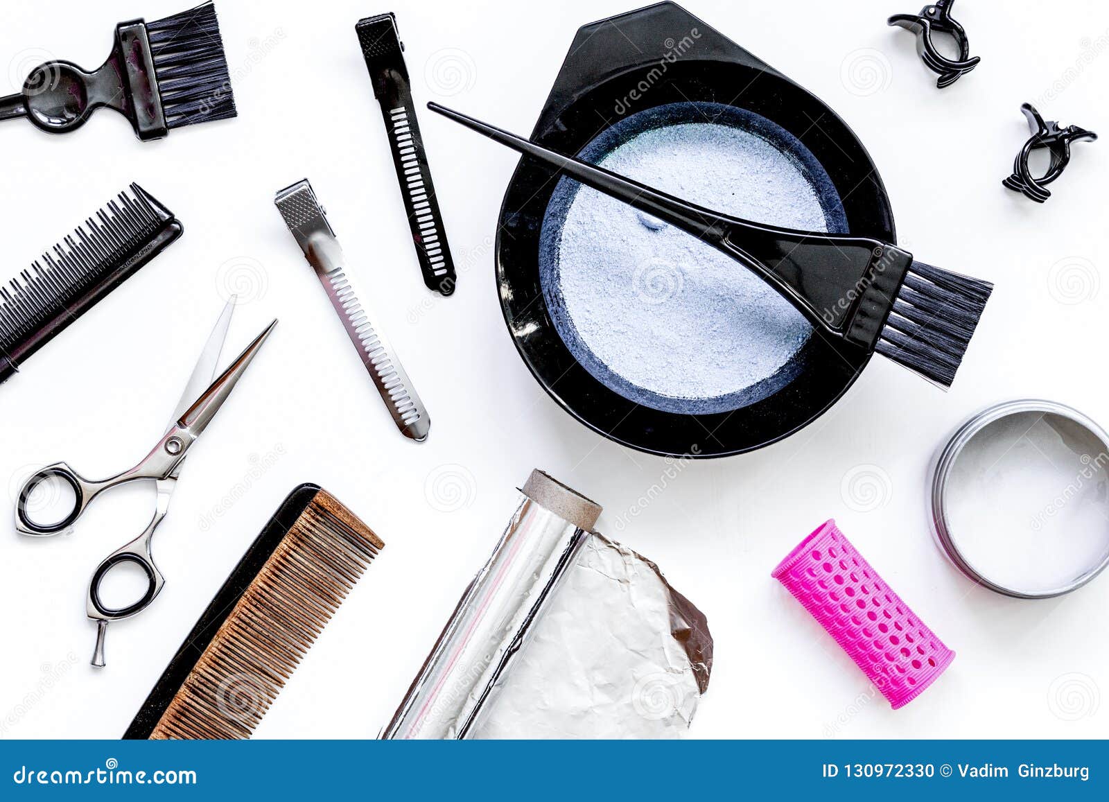 Tools for Hair Dye and Hairdye Top View White Background Stock Photo