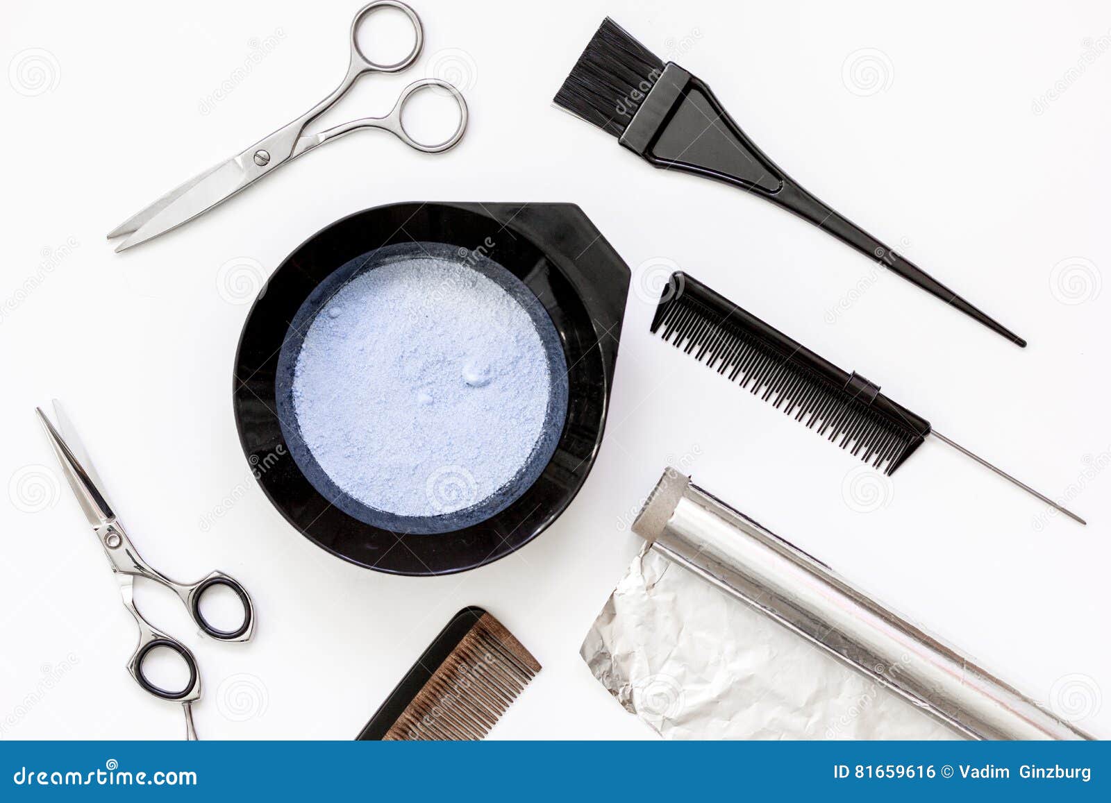 Tools for Hair Dye and Hairdye Top View White Background Stock Photo