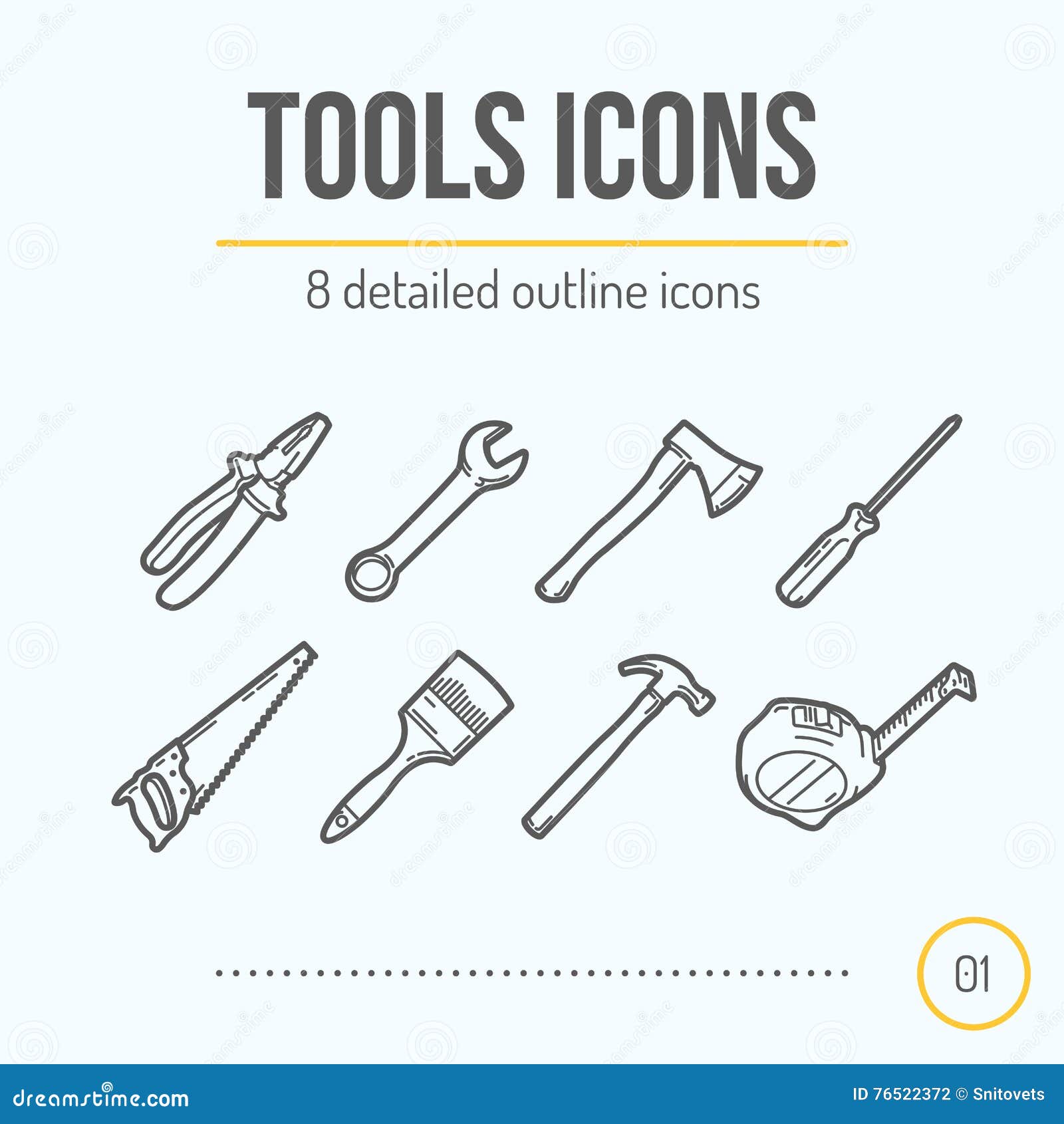 tools icons set (pliers, wrench, axe, screwdriver, saw, brush, hammer, tape measure)