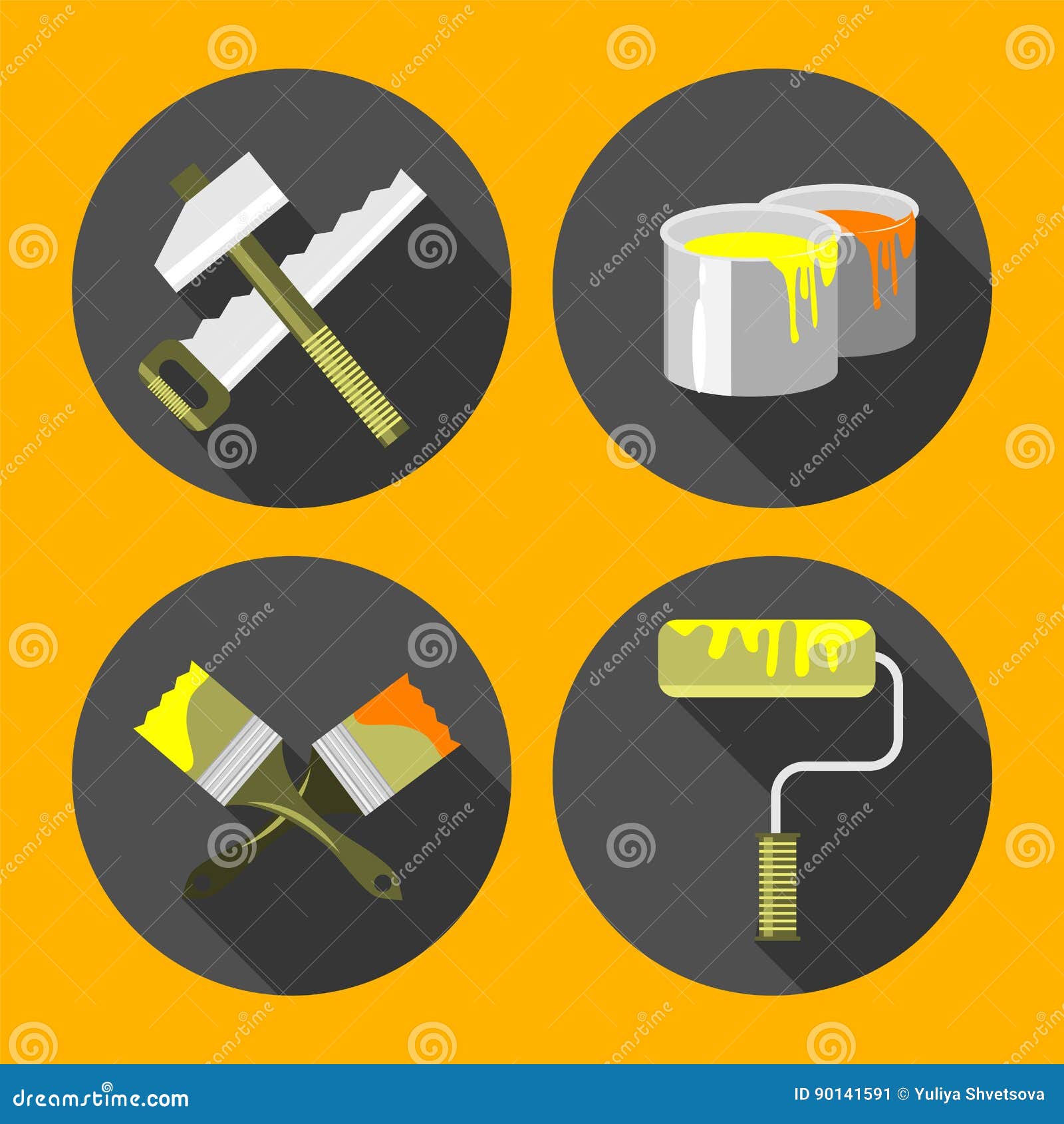 Tools for Repair, Paint Brush, Paint Cans, Saw, Hammer, Roller, Flat