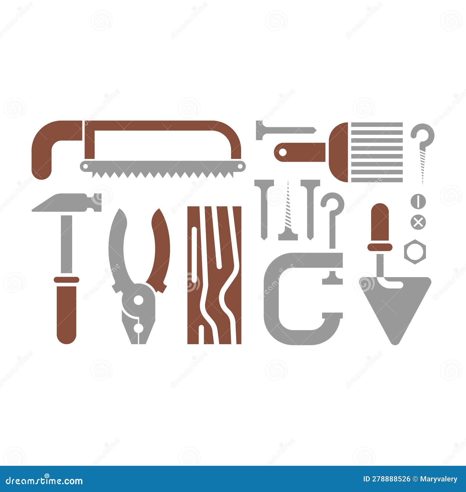 Tools Set Saw and Brush, Hammers, Pliers. Trowel and Clamp Stock