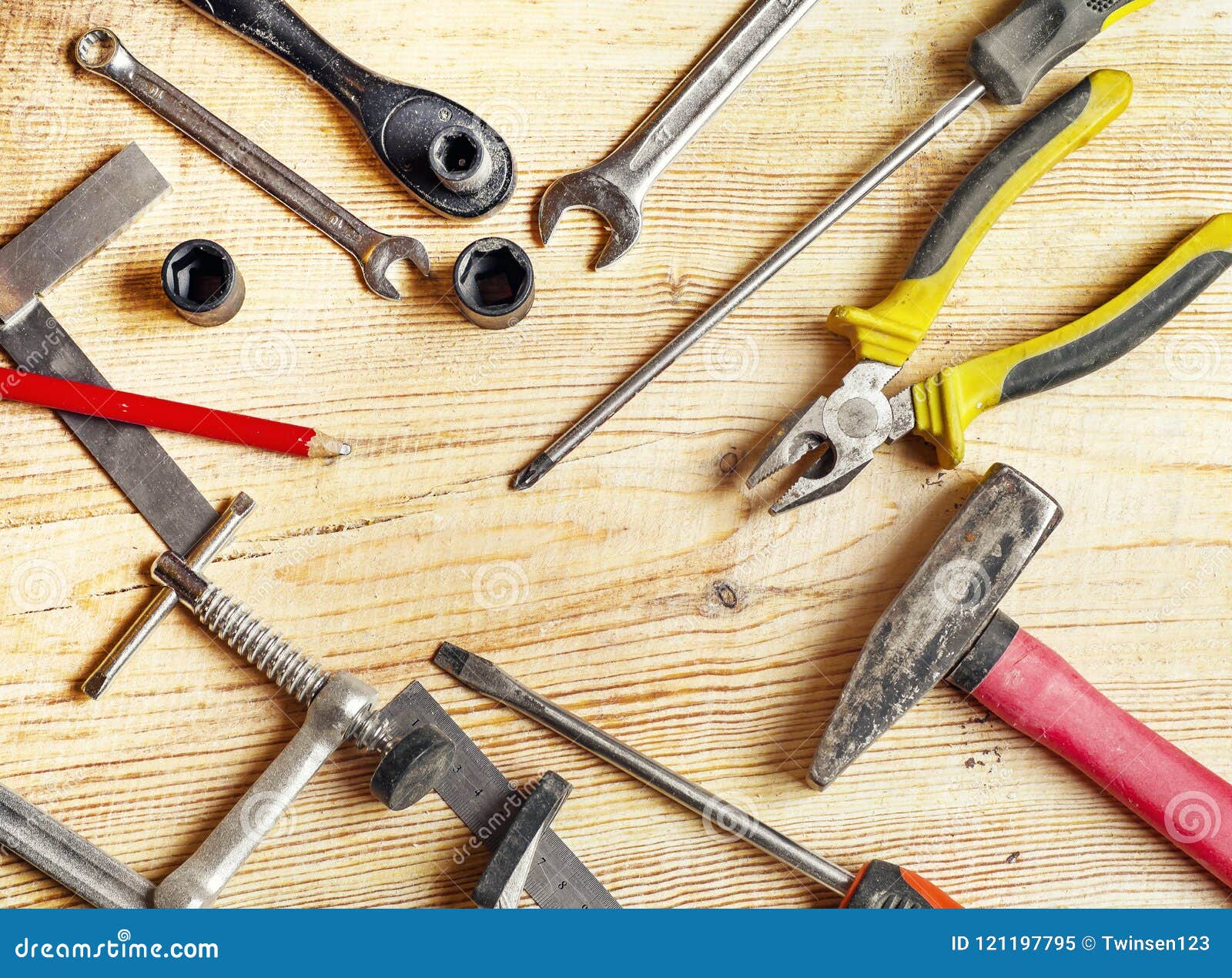 Tools Spread Out on the Board, Screwdrivers, Pliers, Wrenches, Squares