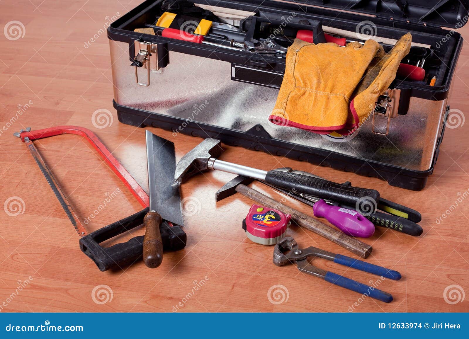 Tools in Tool Box on Wooden Floor Stock Photo Image of clamp, measure