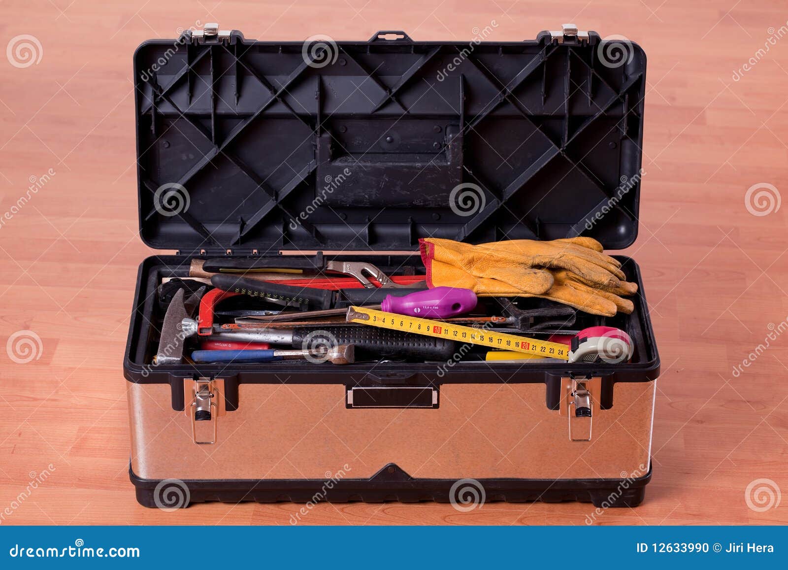 Tools in Tool Box on Wooden Floor Stock Photo Image of cutter, hammer