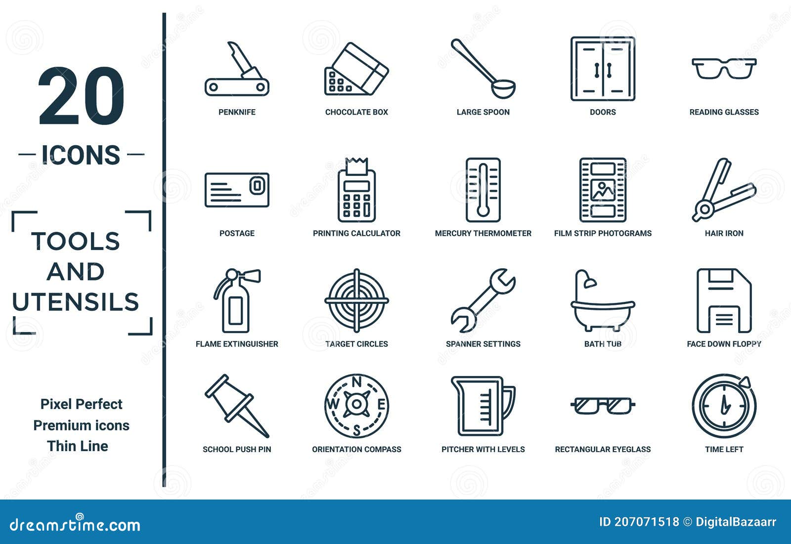 tools.and.utensils linear icon set. includes thin line penknife, postage, flame extinguisher, school push pin, time left, mercury