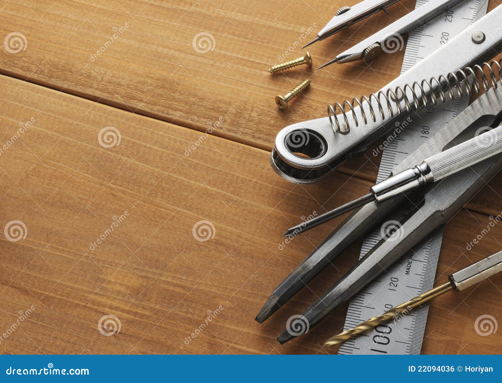Tools on wooden table stock photo. Image of ruler, steel 22094036
