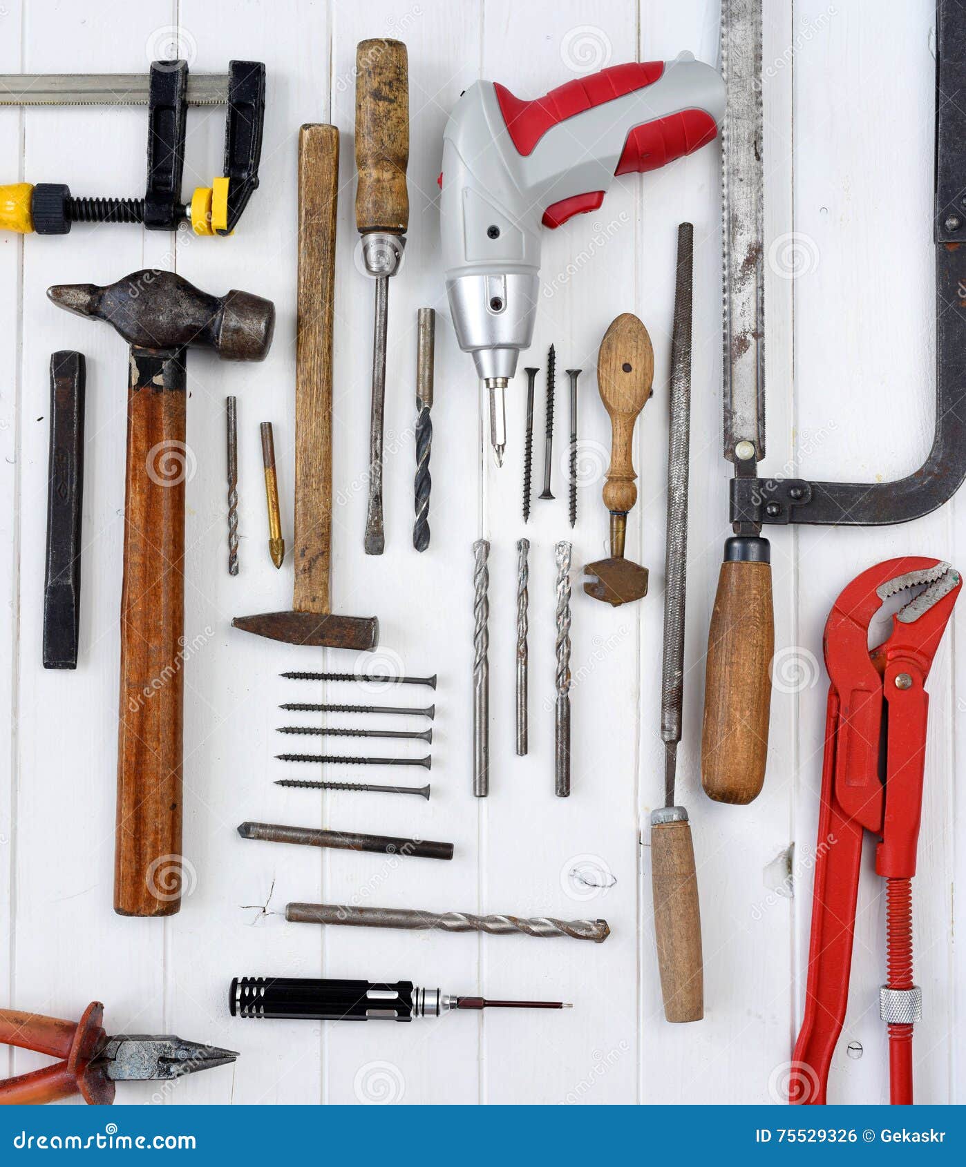 Tools on wooden table stock photo. Image of profession 75529326