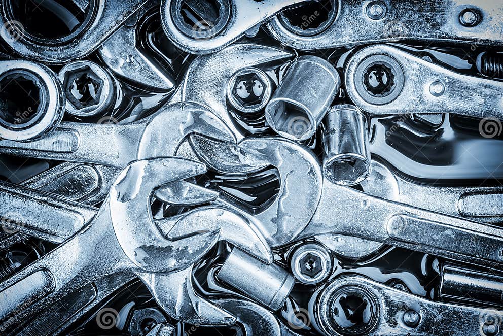 Tools Wrenches, Nuts and Bolts Toned in Blue Stock Photo Image of