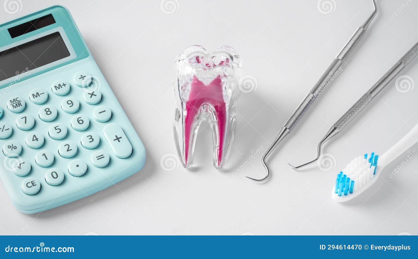 Tooth with Calculator and Dental Tools on Light Grey Background Stock