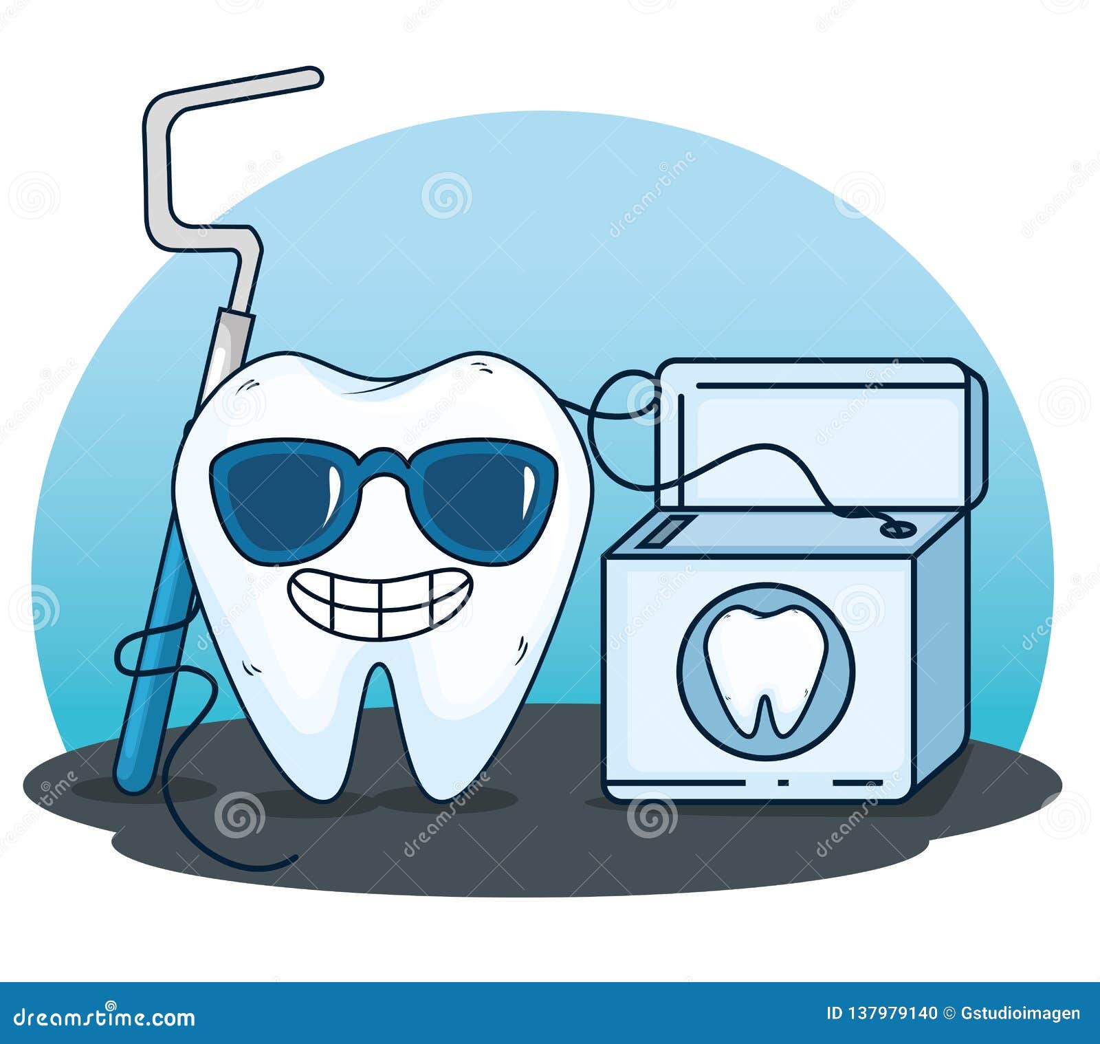 Tooth Care with Excavator Tool and Dental Floss Stock Vector