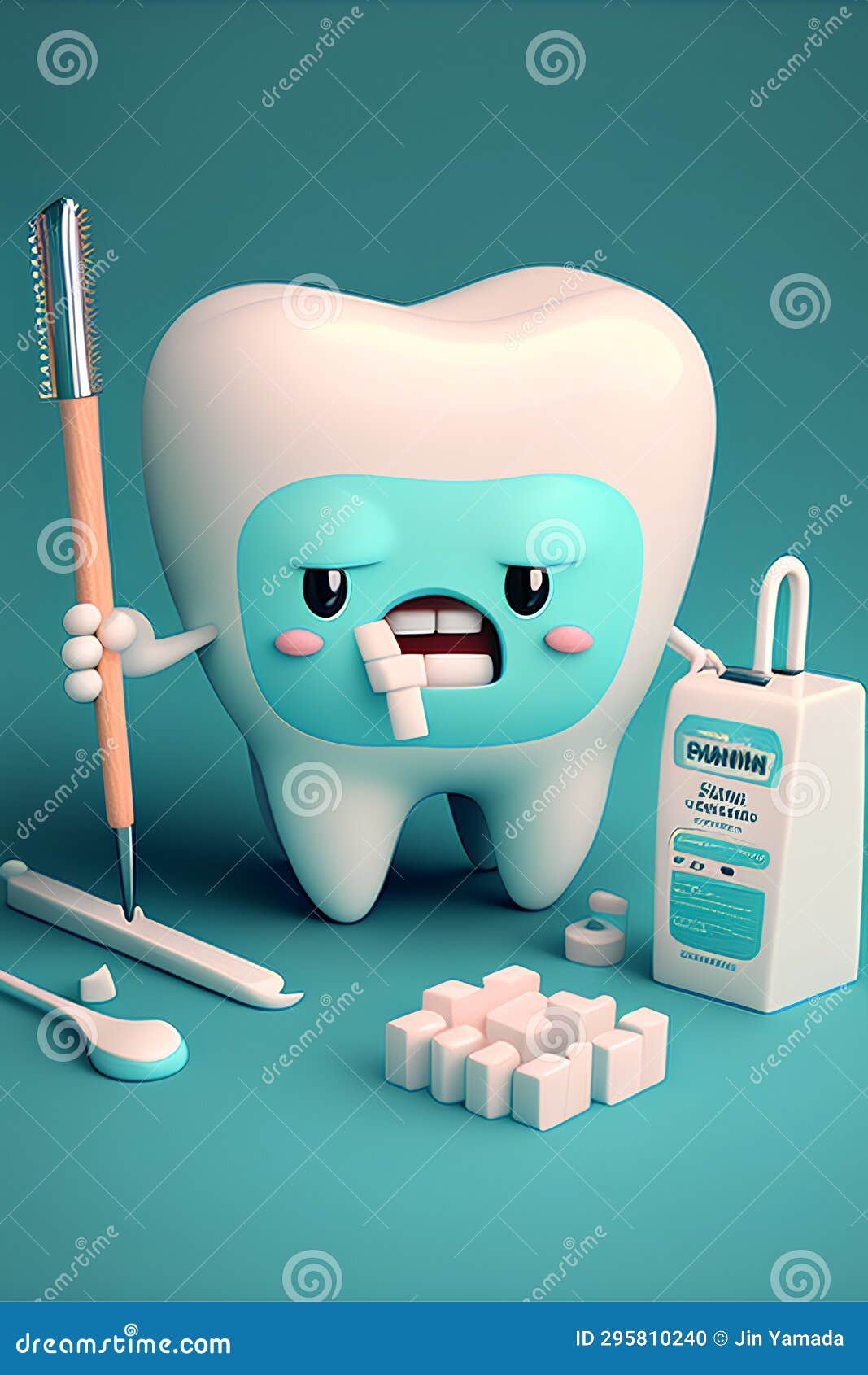 Tooth with Toothbrush, Toothpaste, Toothpaste and Dental Tools Stock