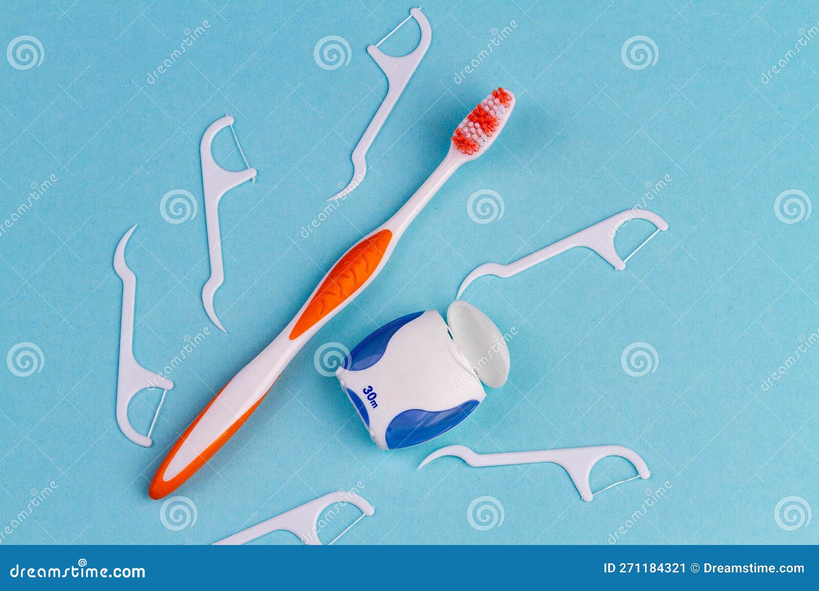 Toothbrush with Dental Floss Picks and Thread. Stock Image Image of