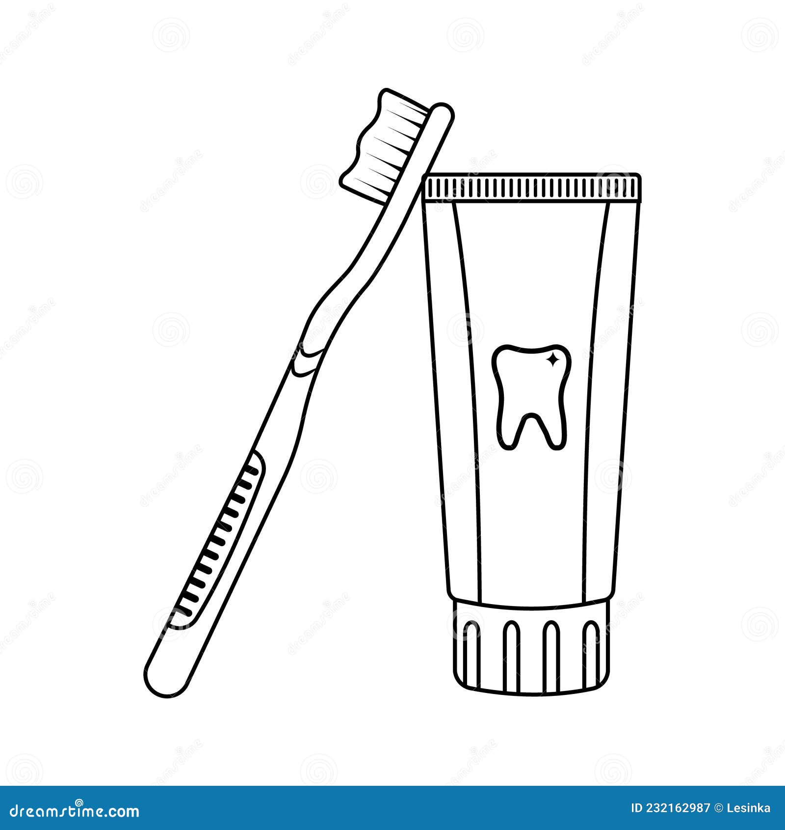 Toothbrush and Toothpaste, Black Outline on White Background Stock