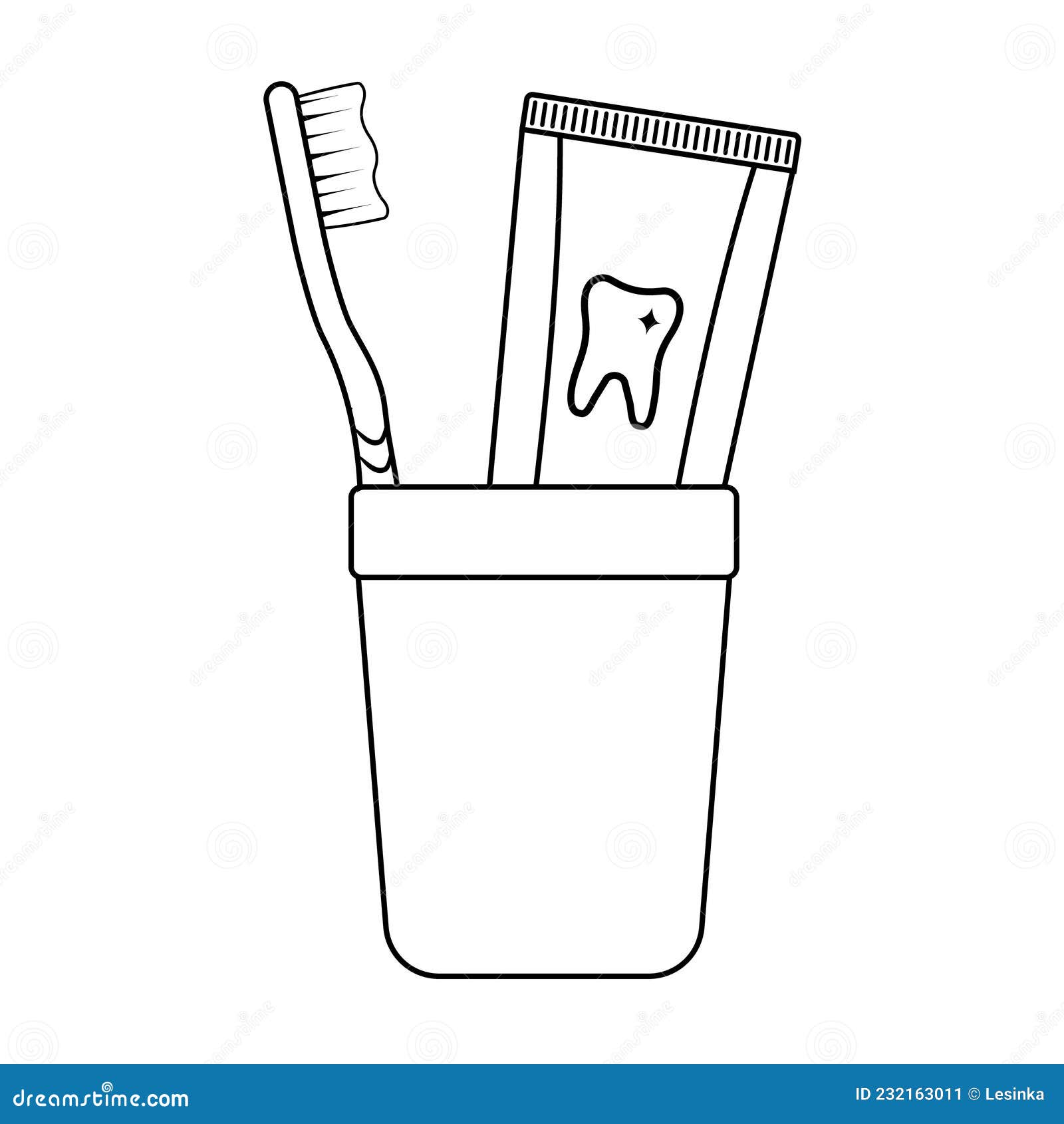 Toothbrush and Toothpaste in a Glass, Black Outline on a White