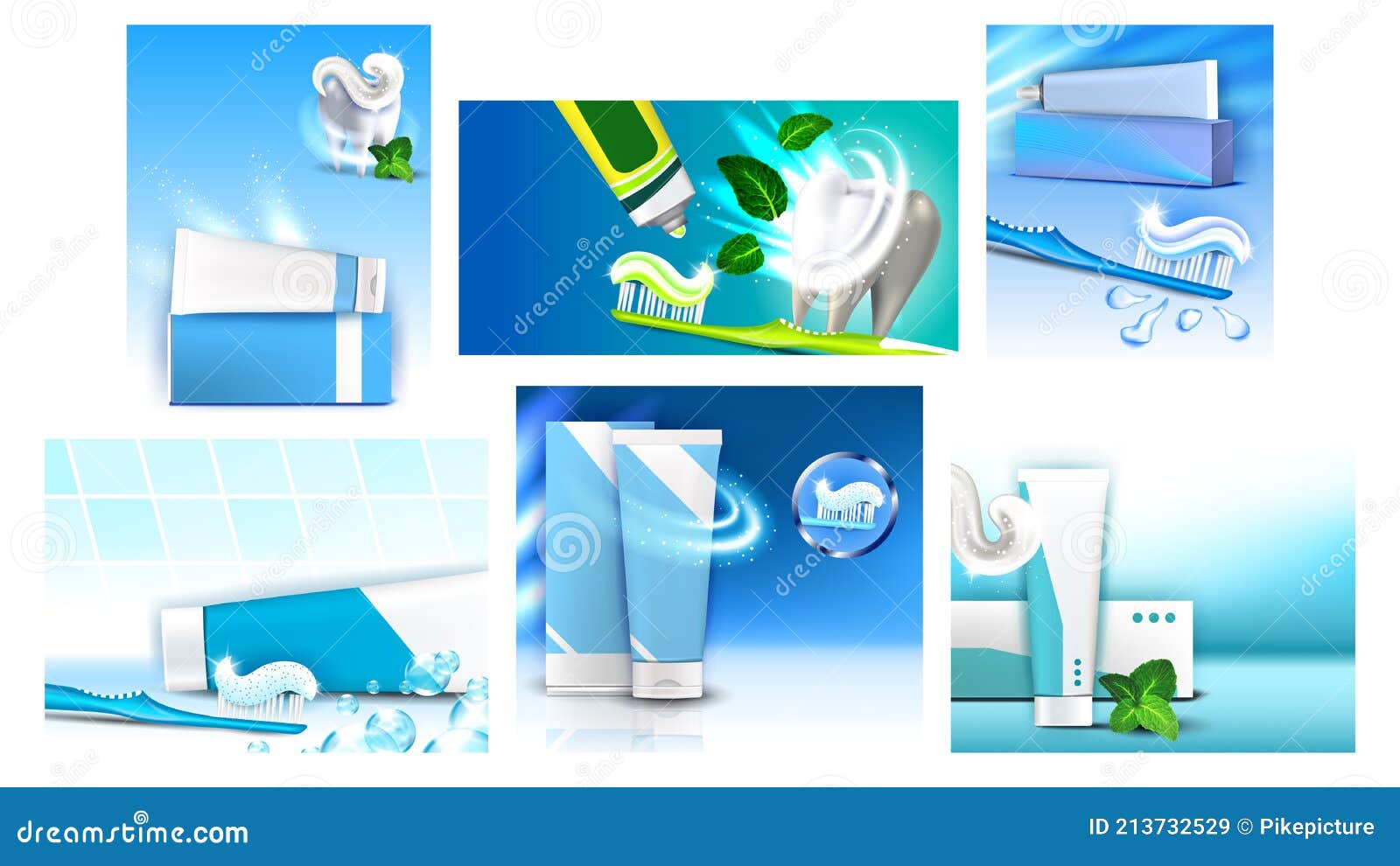 Toothpaste Creative Advertising Posters Set Vector Illustration Stock