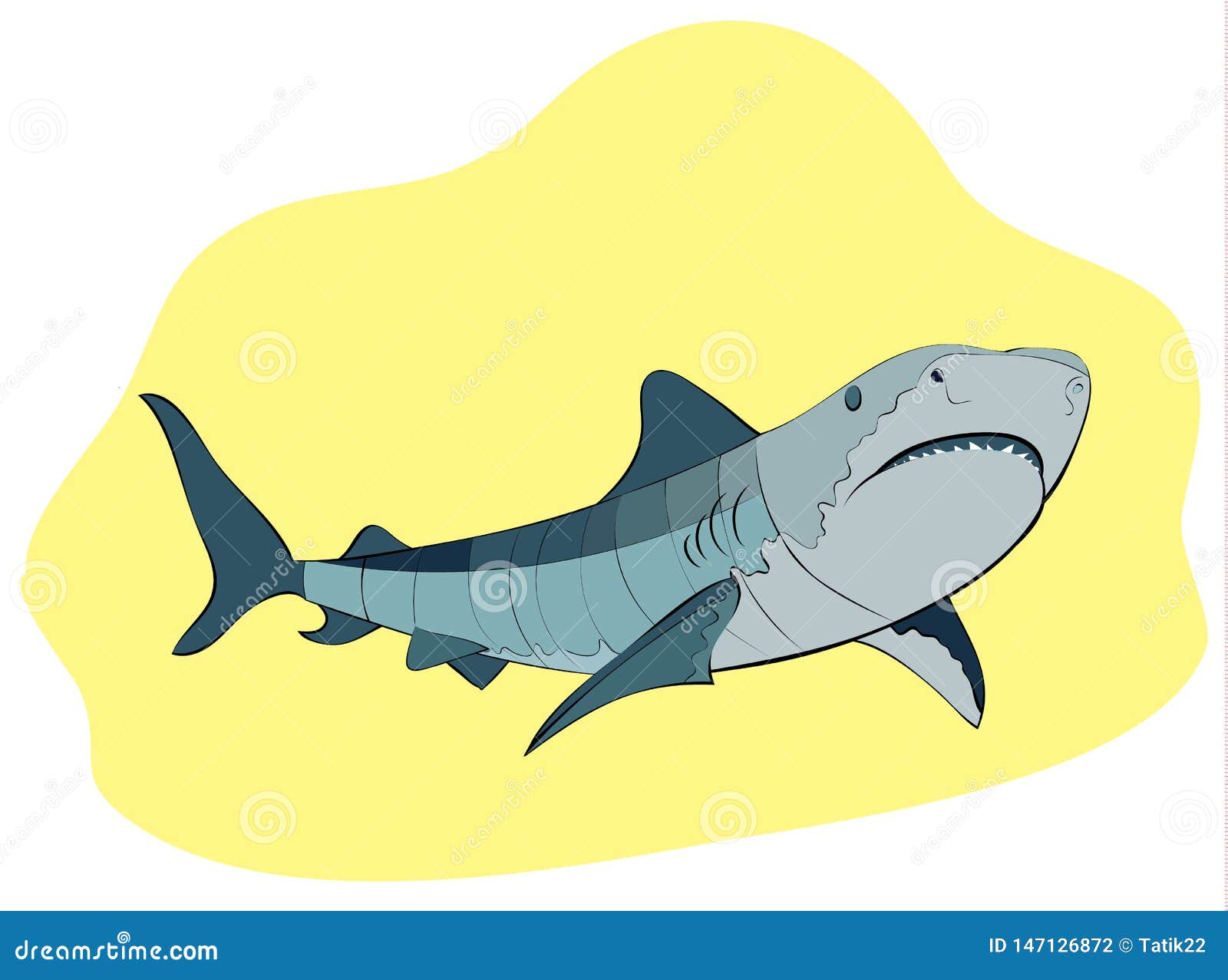 Toothy haai die op gele achtergrond, vectorillustratie zwemmen. Toothy haai die op gele achtergrond, vector geïsoleerde illustratie zwemmen,