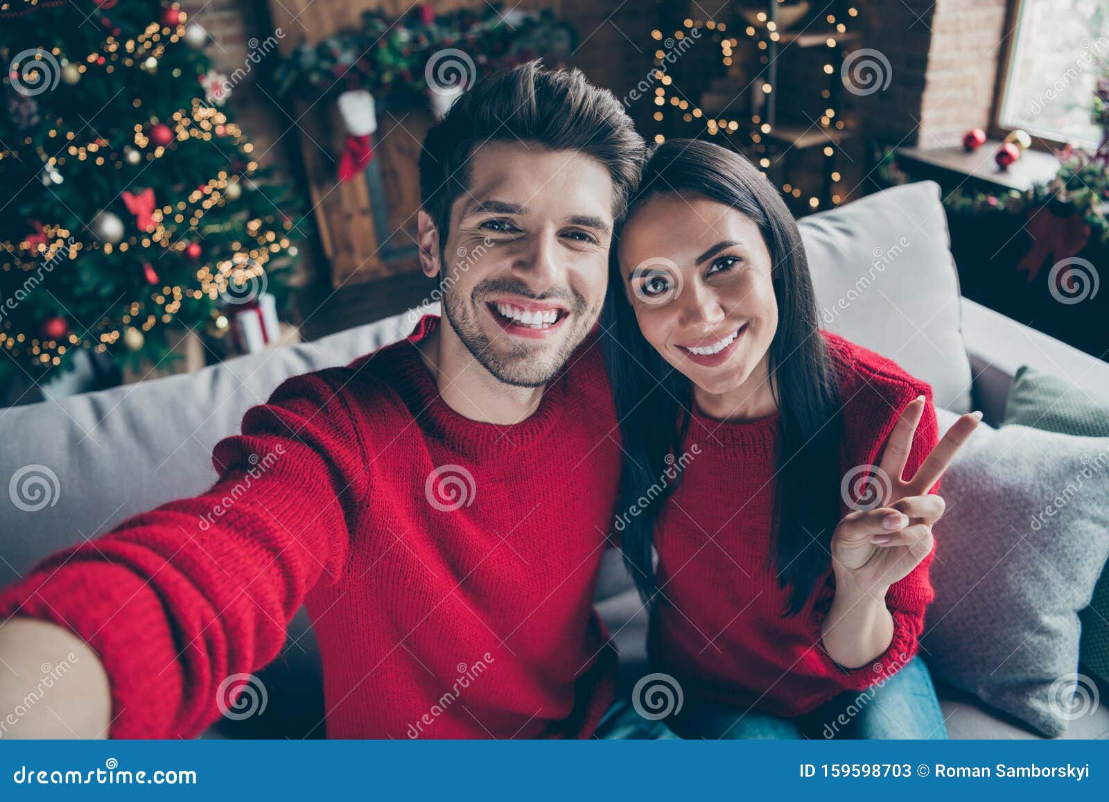 Top Above Angle Photo of Two People Romantic Guy and Lady Make V-signs ...