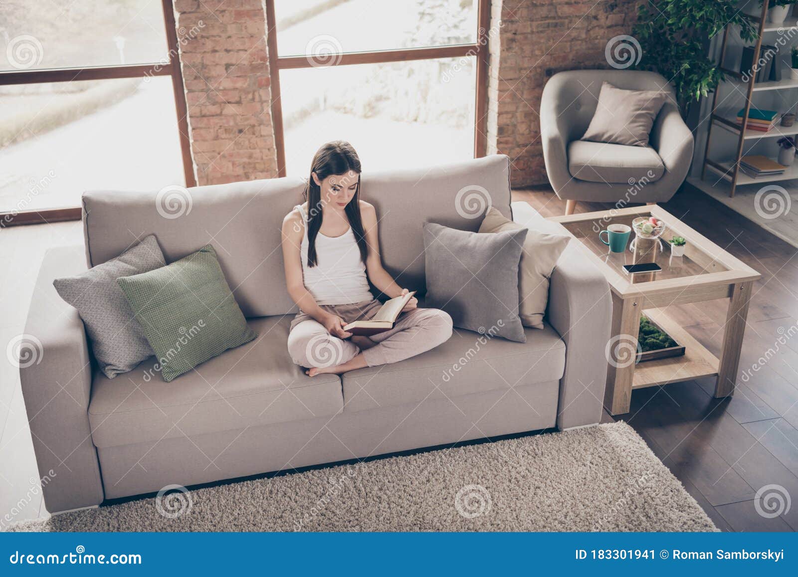 top above high angle view photo of concentrated girl real bookworm have covid-19 quarantine decide read textbook sit