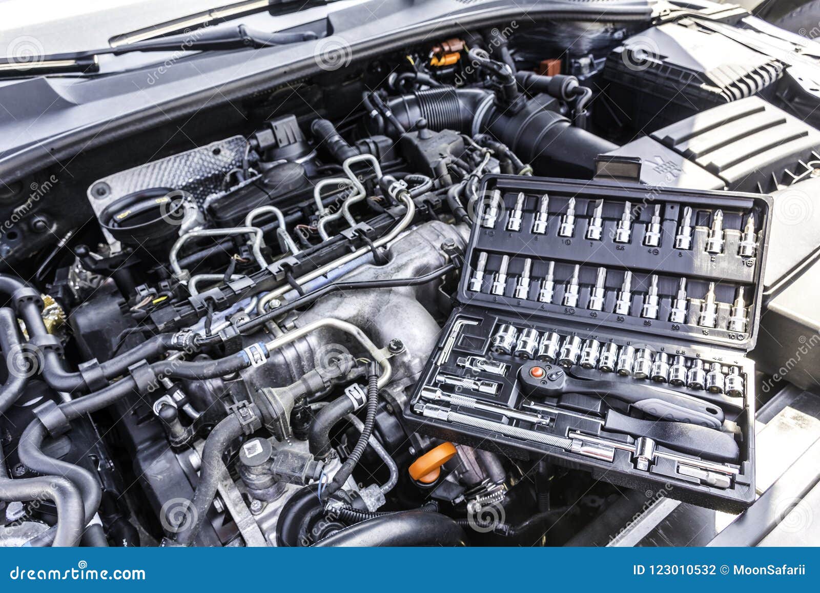 Car Engine Bay with Tool Box. Stock Photo Image of change, repairman