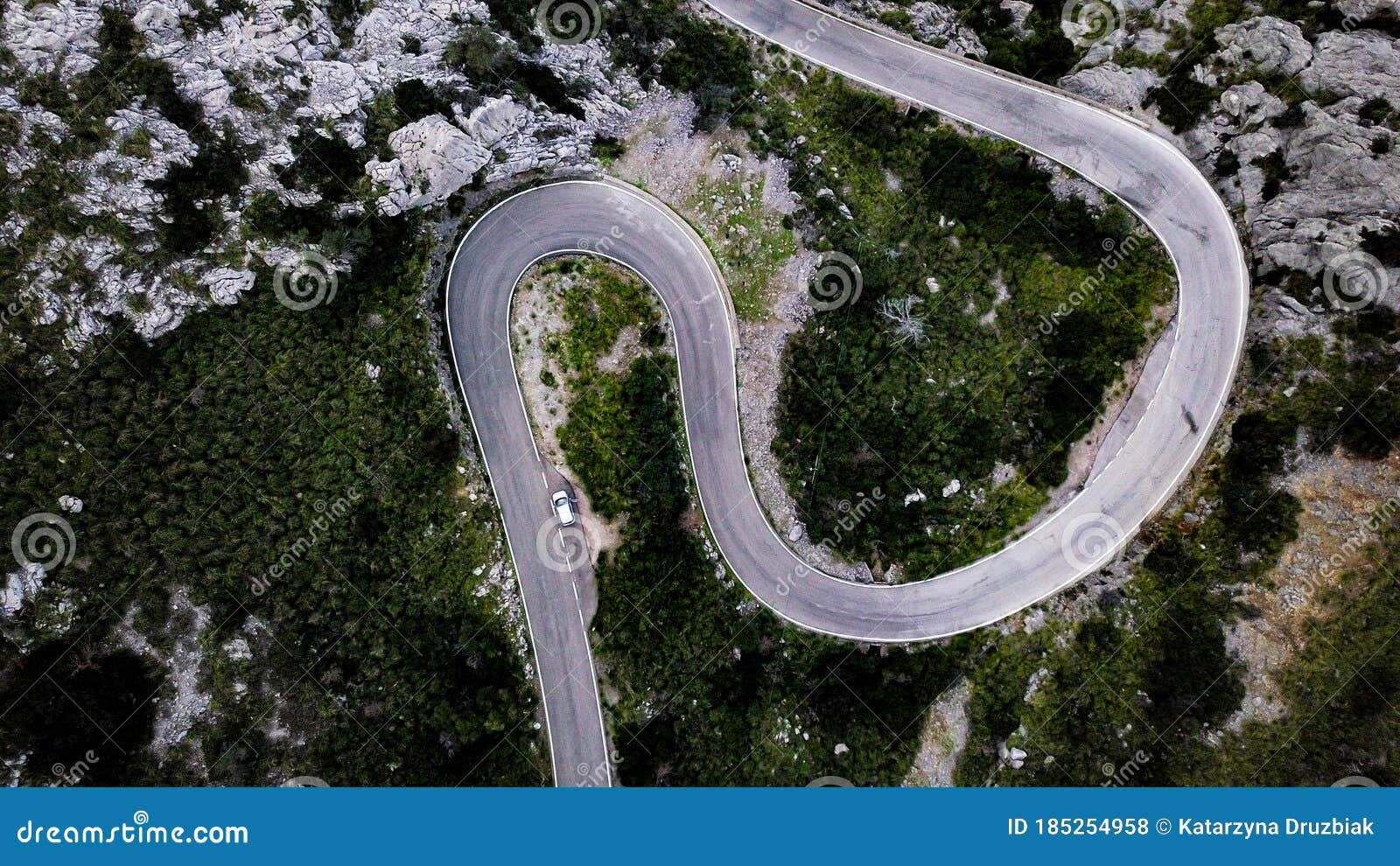 a top-down aerial view on mountainous curvy road nus de se calobra