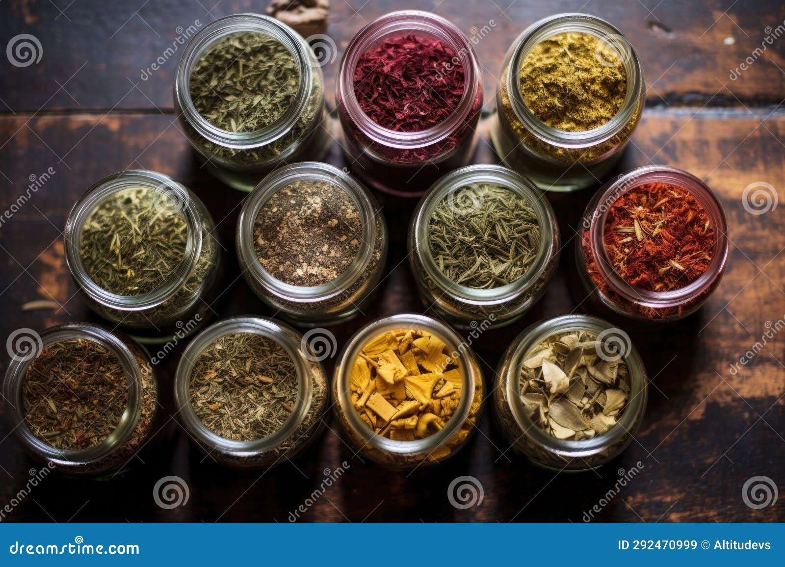 Top Down Shot of an Assortment of Dried Herbal Tea in Jars Stock Image