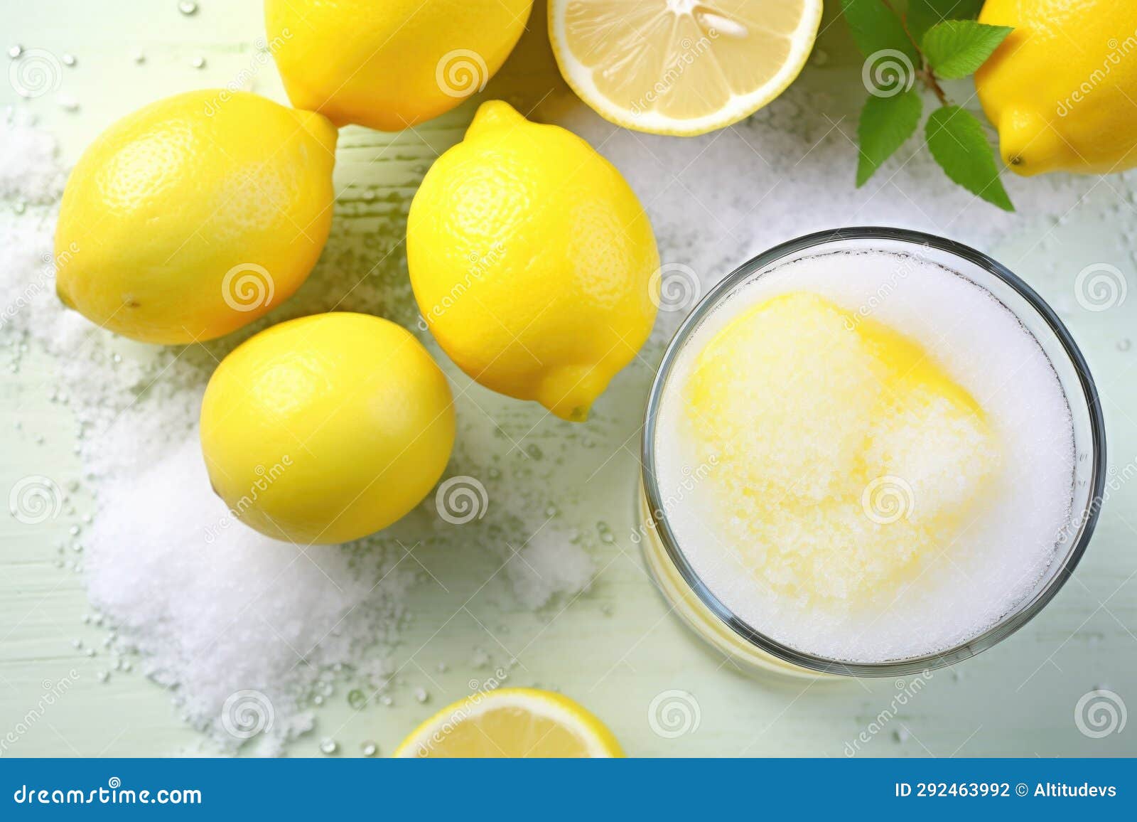 Topdown Shot of Lemons, Sugar, and a Glass Filled with Lemonade Stock