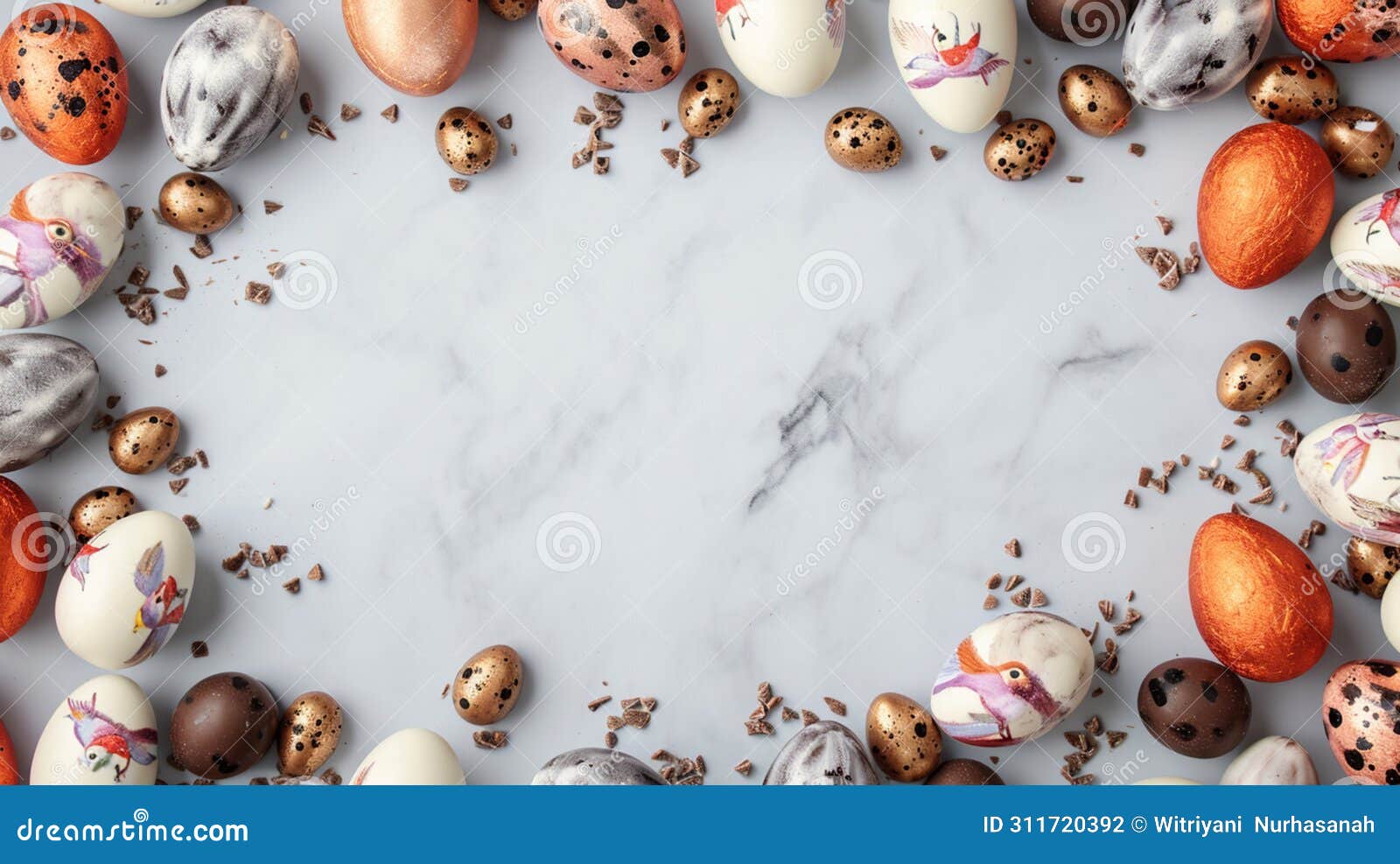 top down view of an easter border frame of robin's eggs and chocolate eggs with copy . generative ai