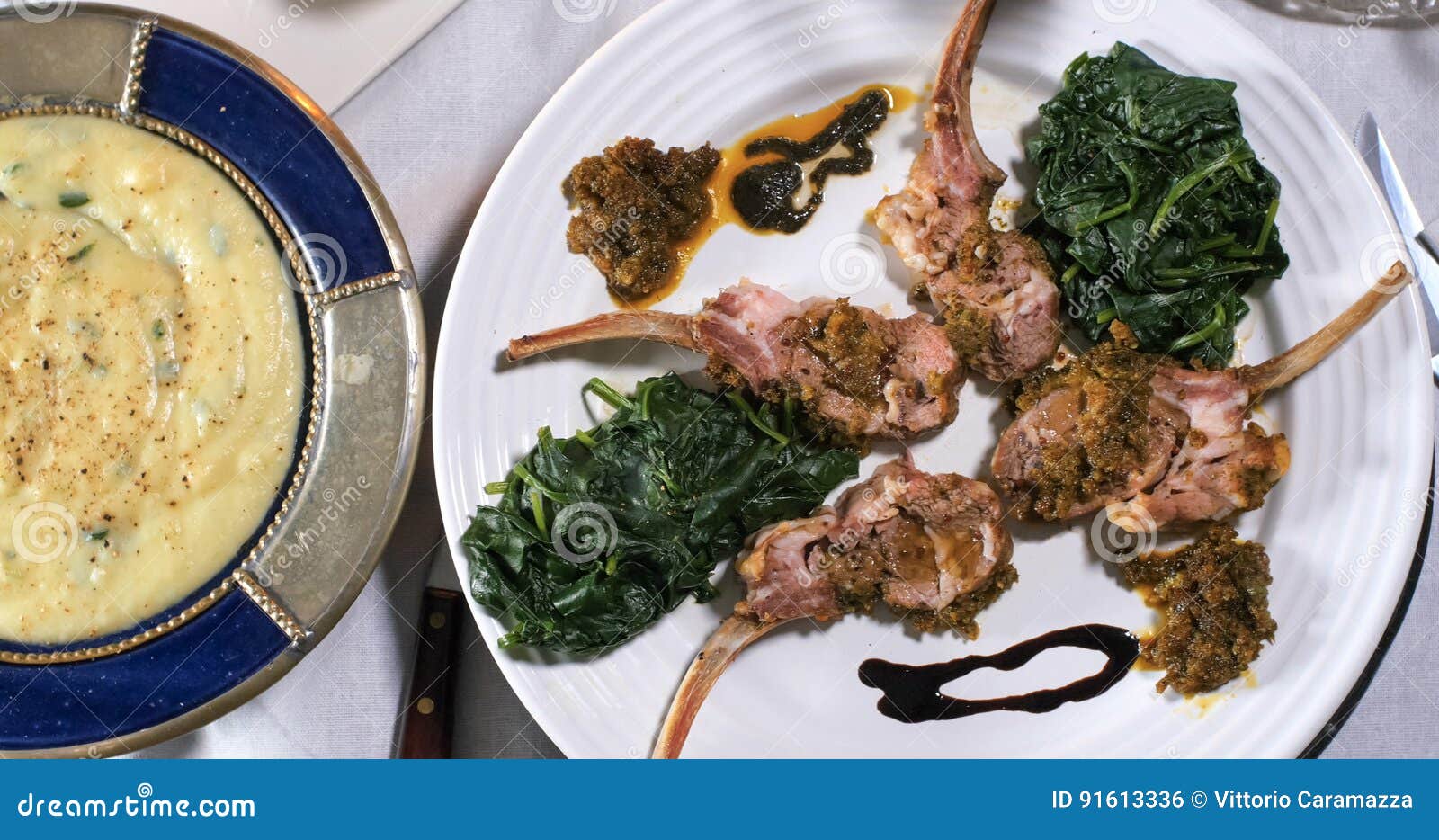 Top Down View of a Rack of Lamb with Mint Sauce Stock Photo Image of