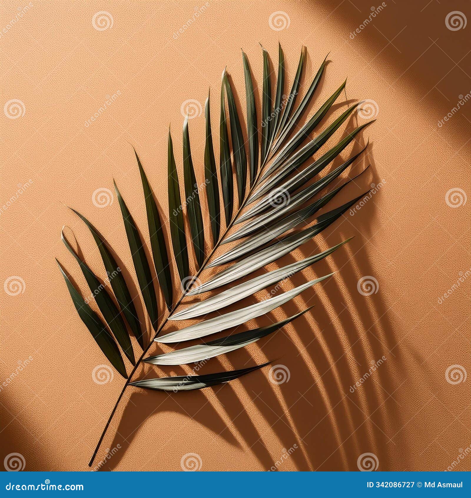 top-down view of a tropical palm leafa s shadow on a sand-colored surface. minimal summer aes