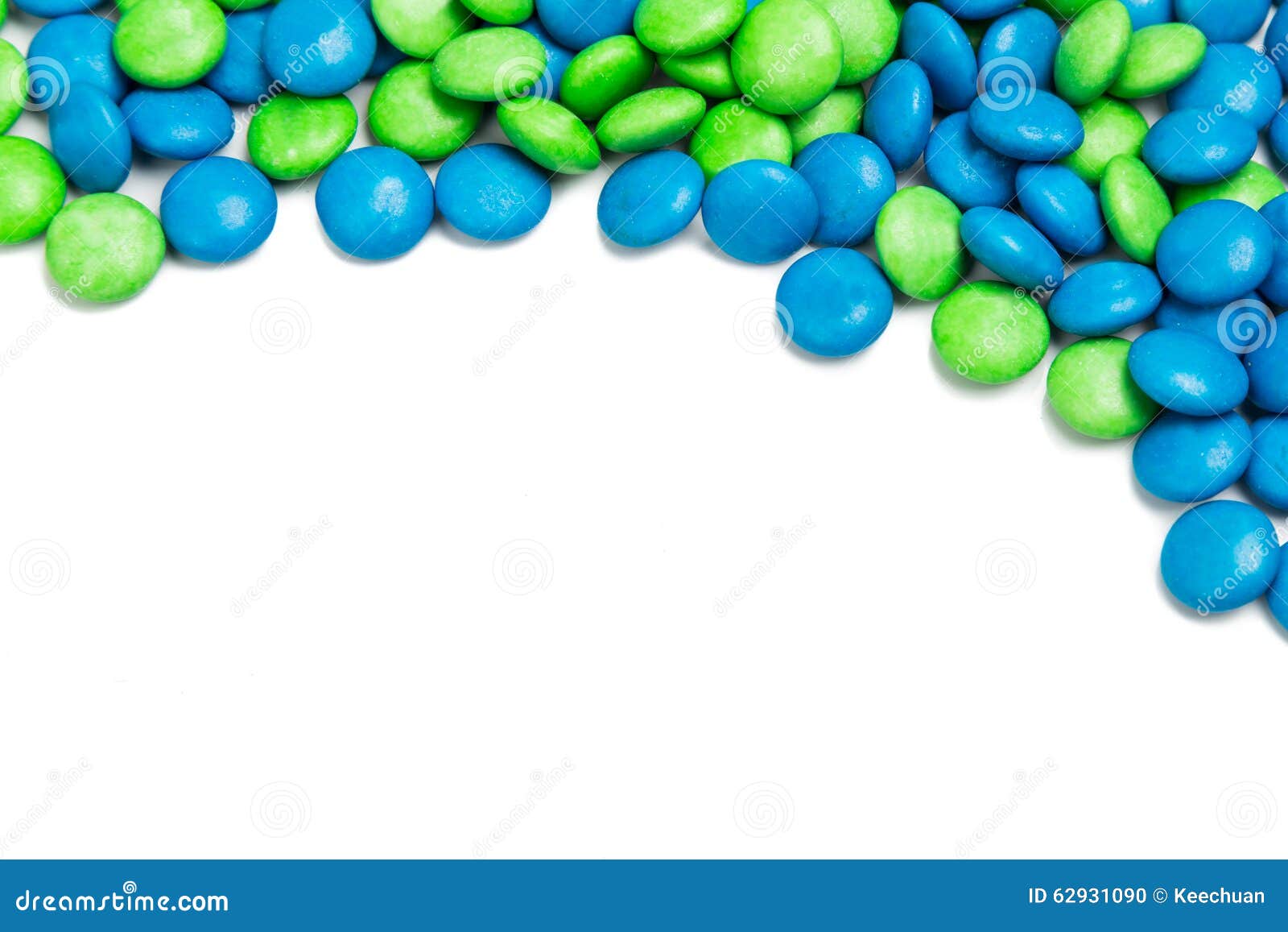 Top Rame of Blue Green Chocolate Candy on White Background Stock Photo