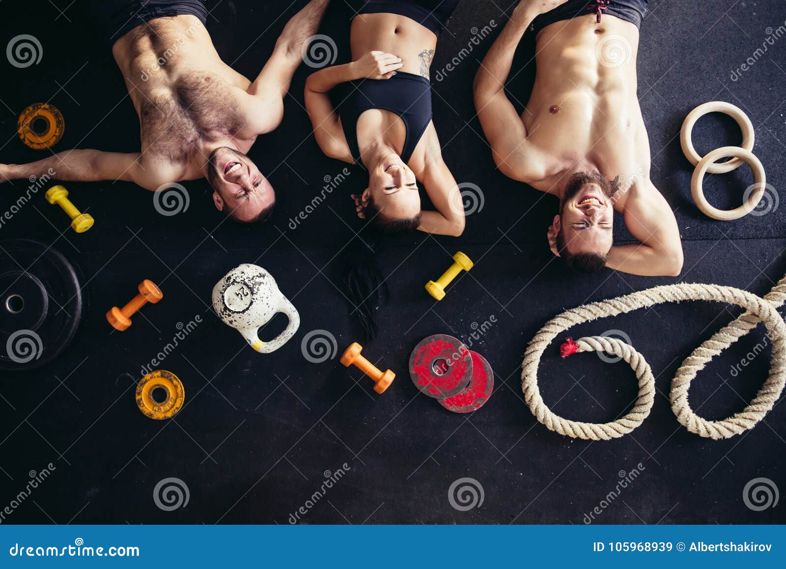 top view of accessories for fitness and tree athlete lying on floor