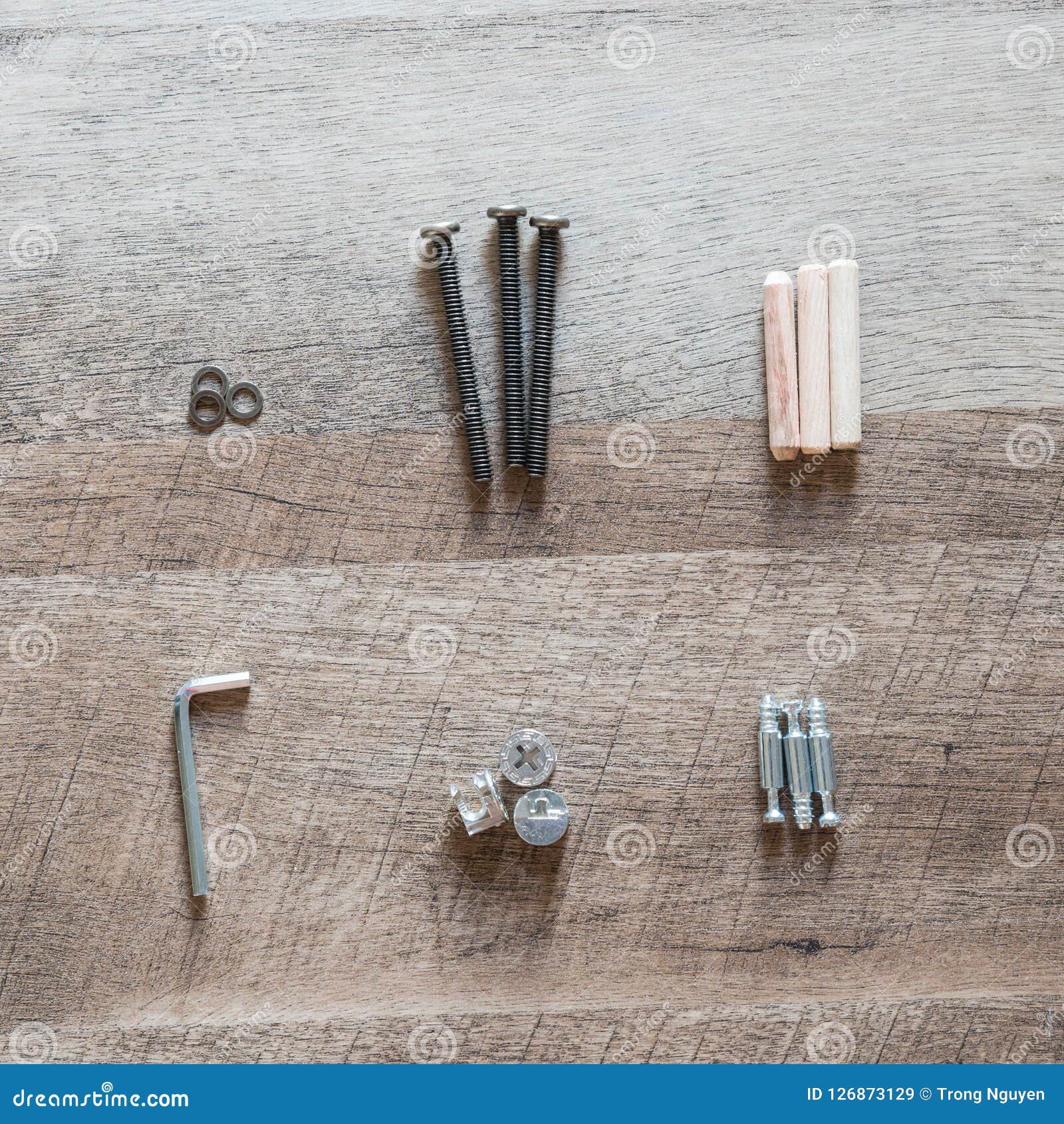 Top View Variety Of Hardware Furniture Parts On Ashwood Board B