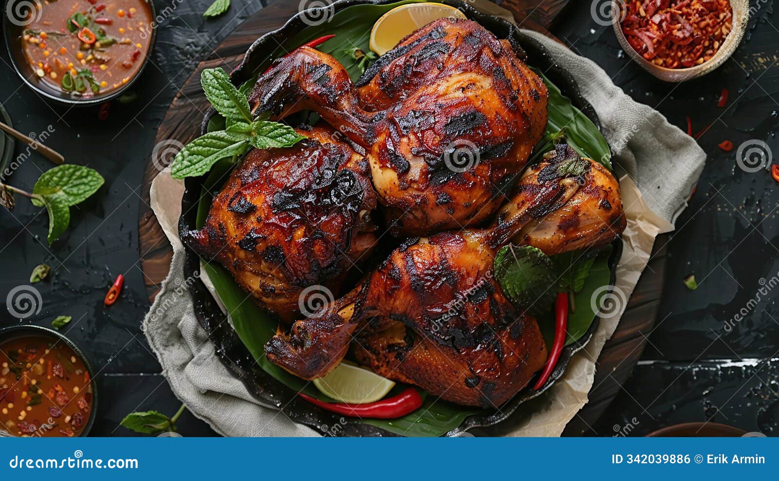 top view of bakakak hayam or ayam bekakak or grilled whole chicken