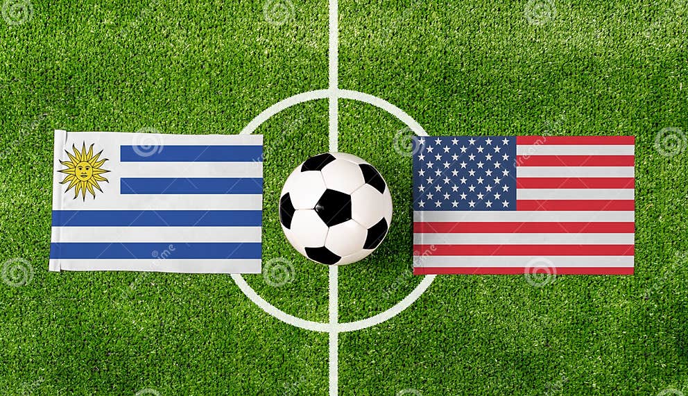 Top View Ball with Uruguay Vs. USA Flags Match on Green Football Field