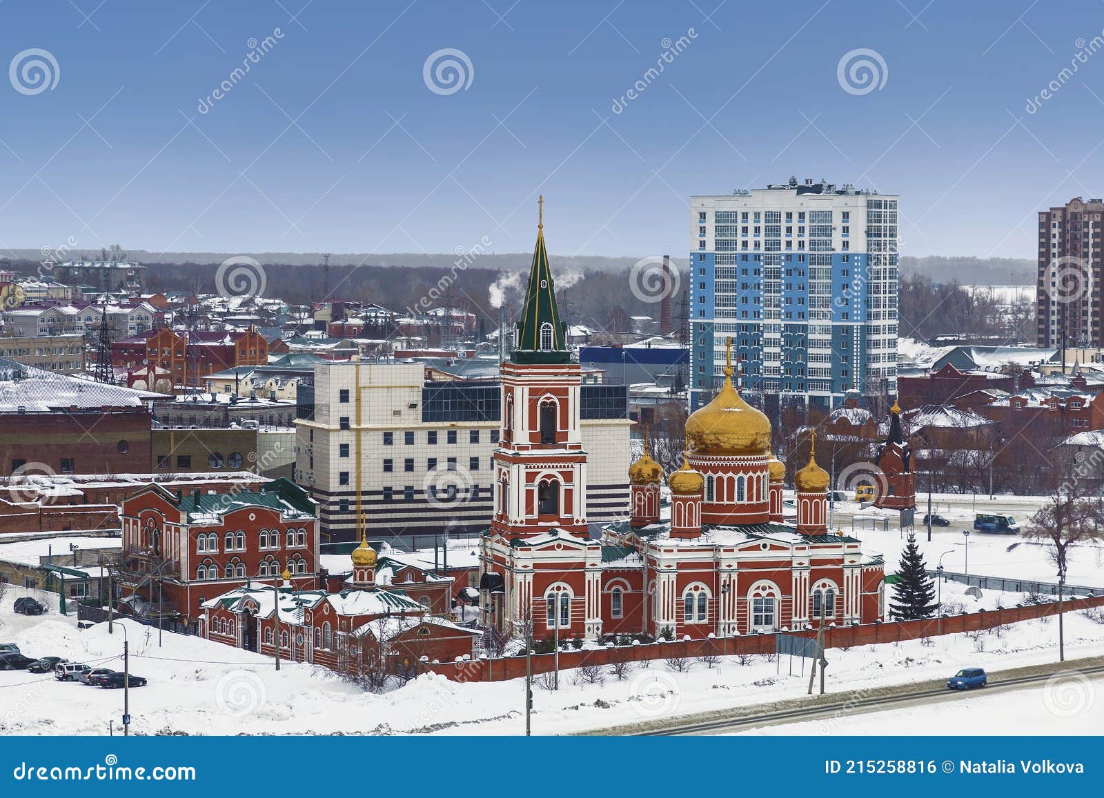 top view of barnaul and the znamensky convent on a winter day. barnaul