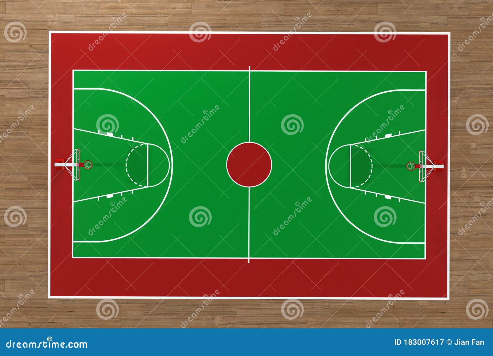 Top View Of Basketball Court With Wooden Floor, 3d