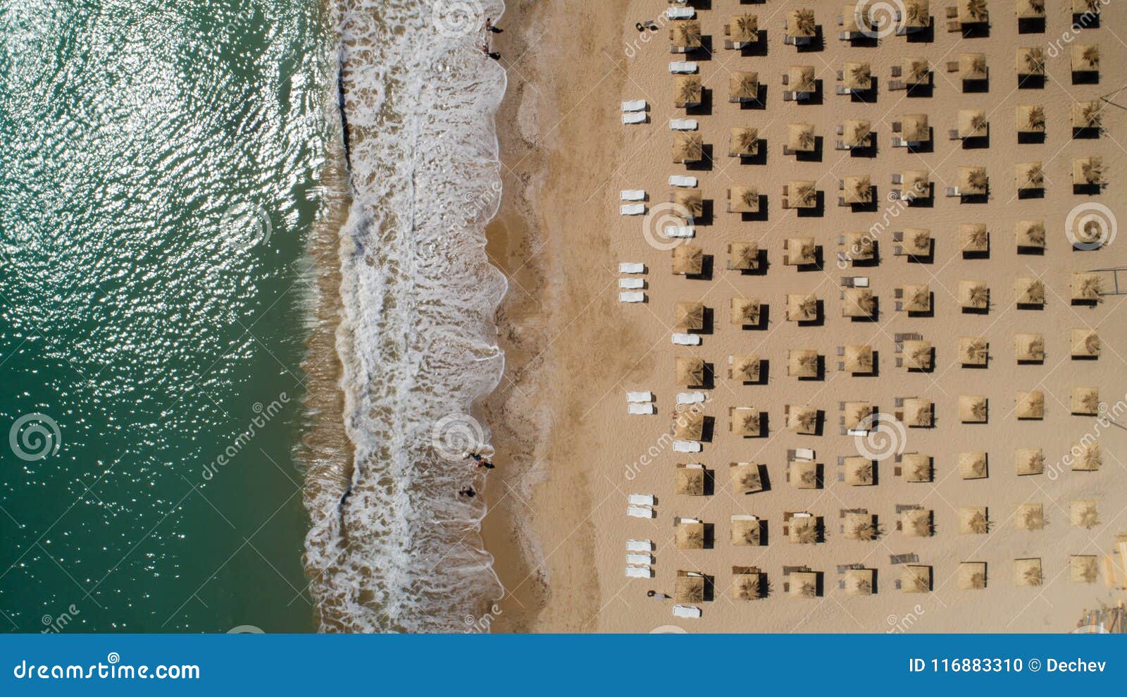 top view of beach with straw umbrellas. golden sands, varna, bulgaria