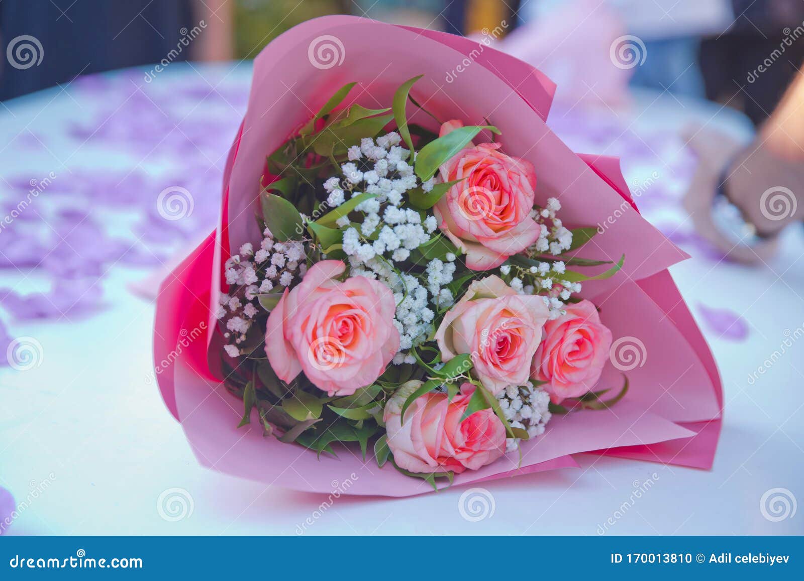 Top View of Beautiful Pink Bouquet in Wrapping Paper on White Background .  Bouquet of Pink Flowers in Pink Paper Stock Photo - Image of fresh,  celebration: 170013810